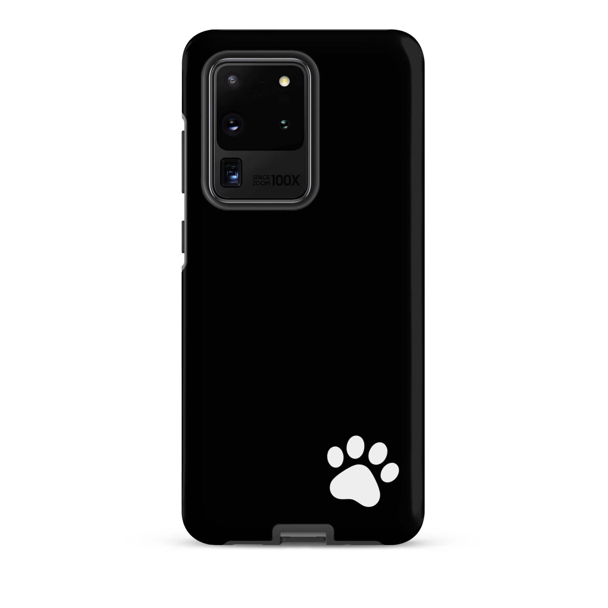 Phone Case for Samsung Galaxy with sleek black design and white paw print in lower right corner, minimalist style