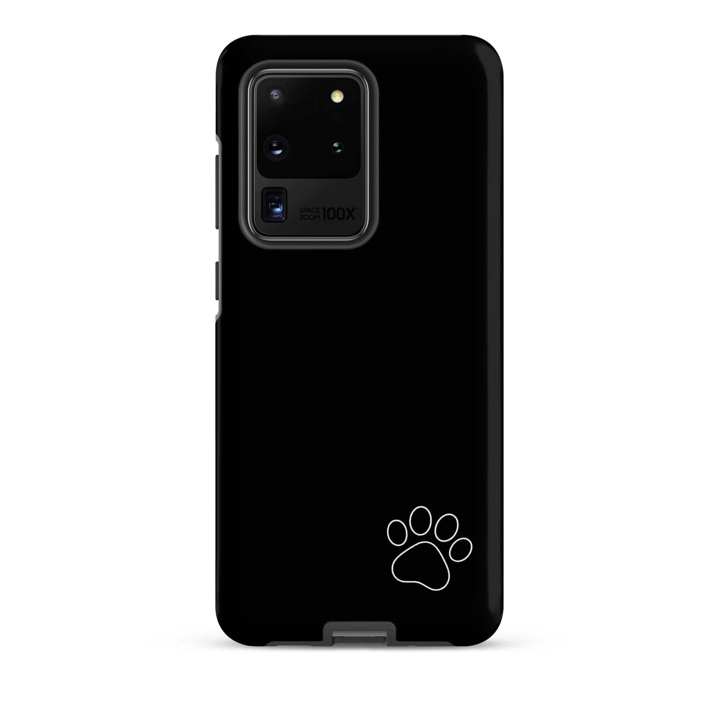 Phone Case for Samsung Galaxy with a white paw print design on black, minimalist style, Tough Case for pet lovers and animal enthusiasts.