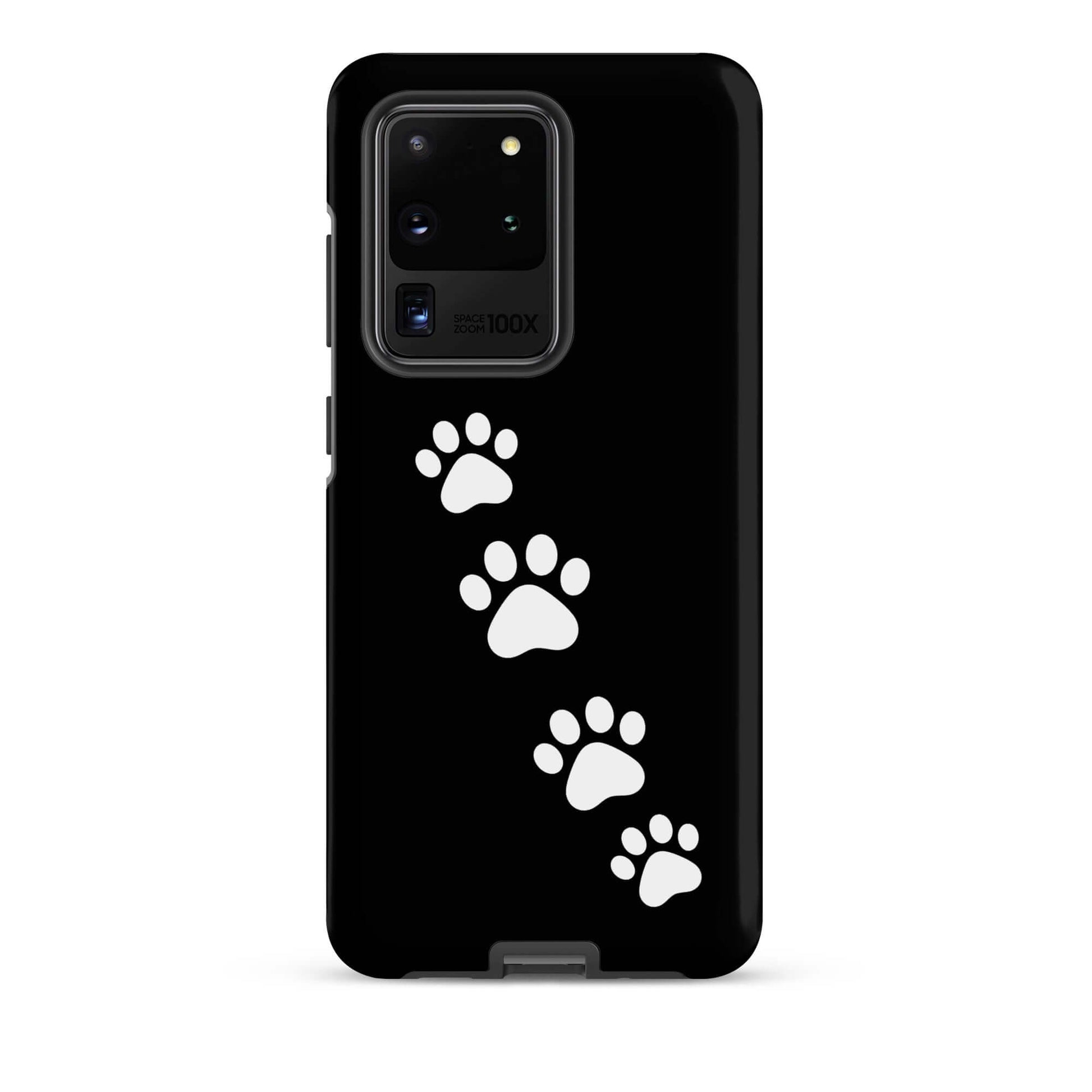 Phone case for Samsung Galaxy with white paw-print trail design on a black background, perfect for pet lovers.