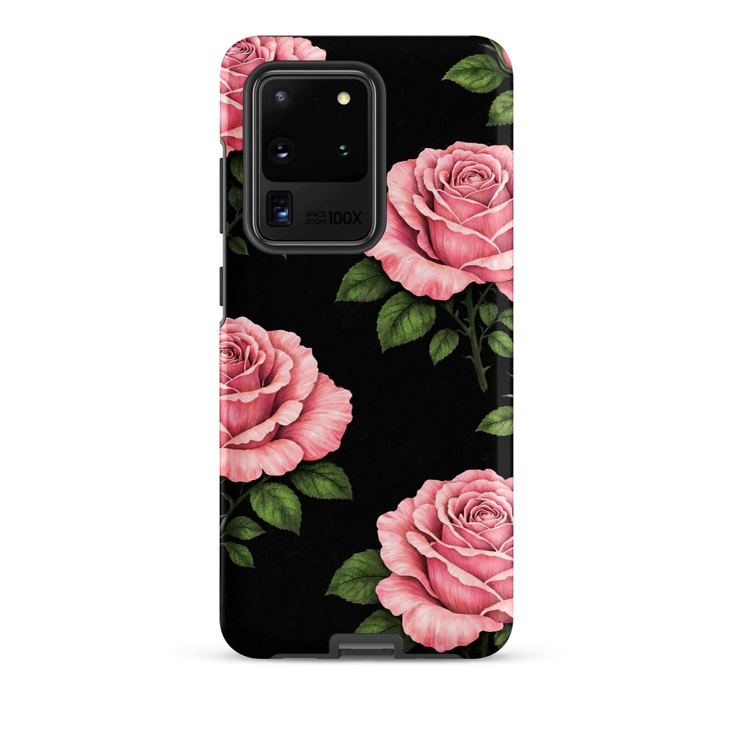 Phone Case with pink rose design for Samsung Galaxy, featuring hand-sketched floral pattern on black background.