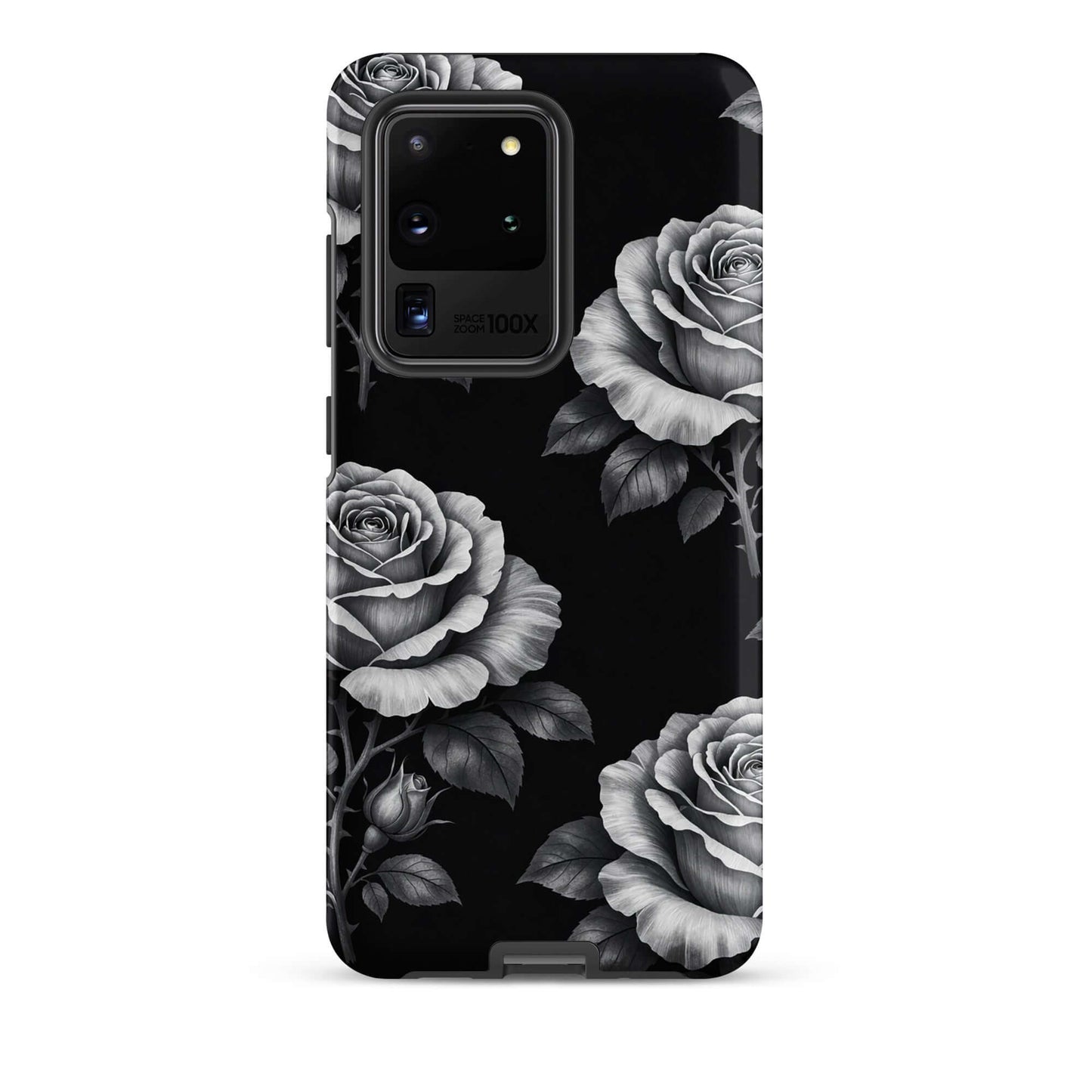 Phone Case for Samsung Galaxy featuring pencil-sketch roses on a black background, Rose Garden Tough Case design.