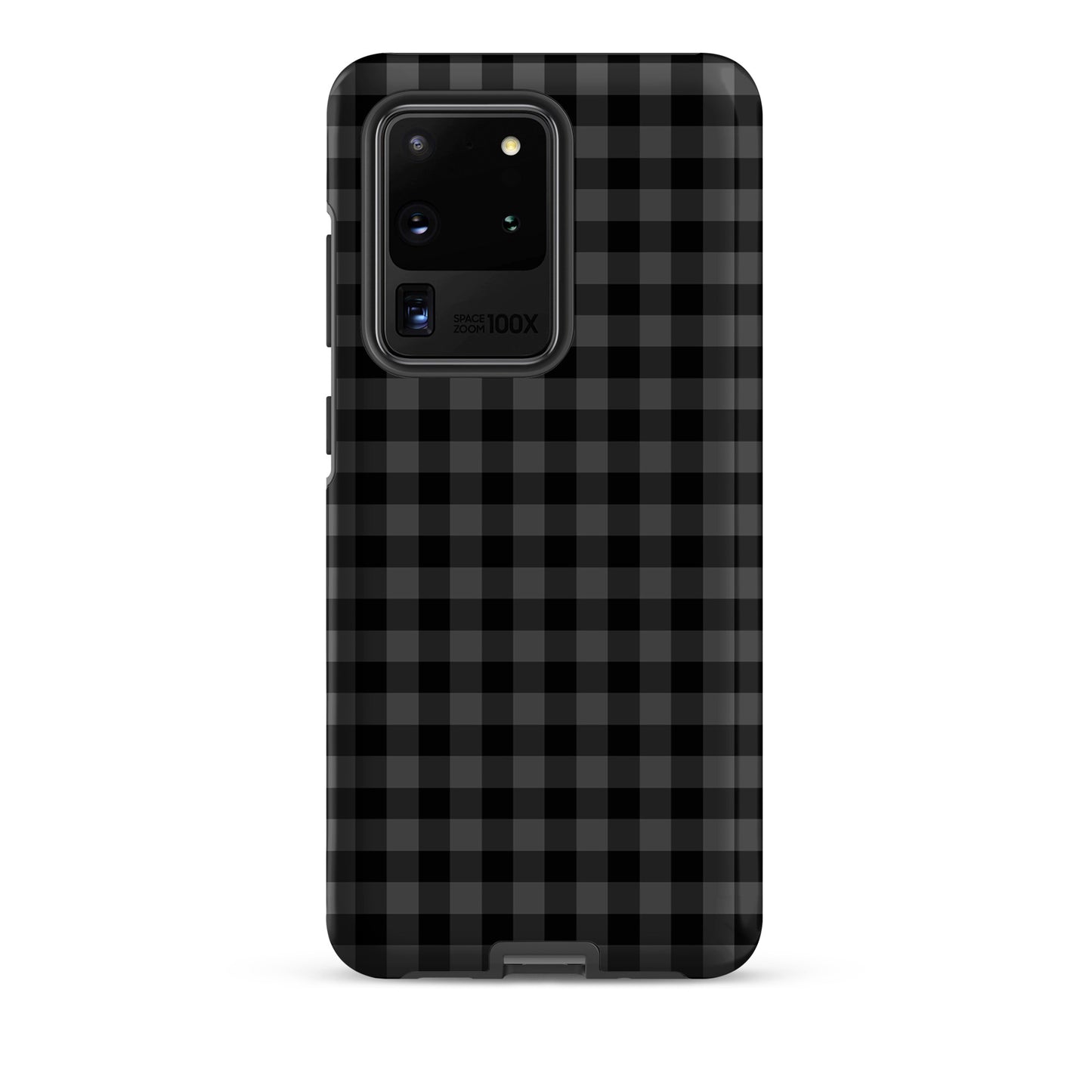 Phone Case for Samsung Galaxy with black and charcoal gingham pattern, combining style and protection into a chic accessory.