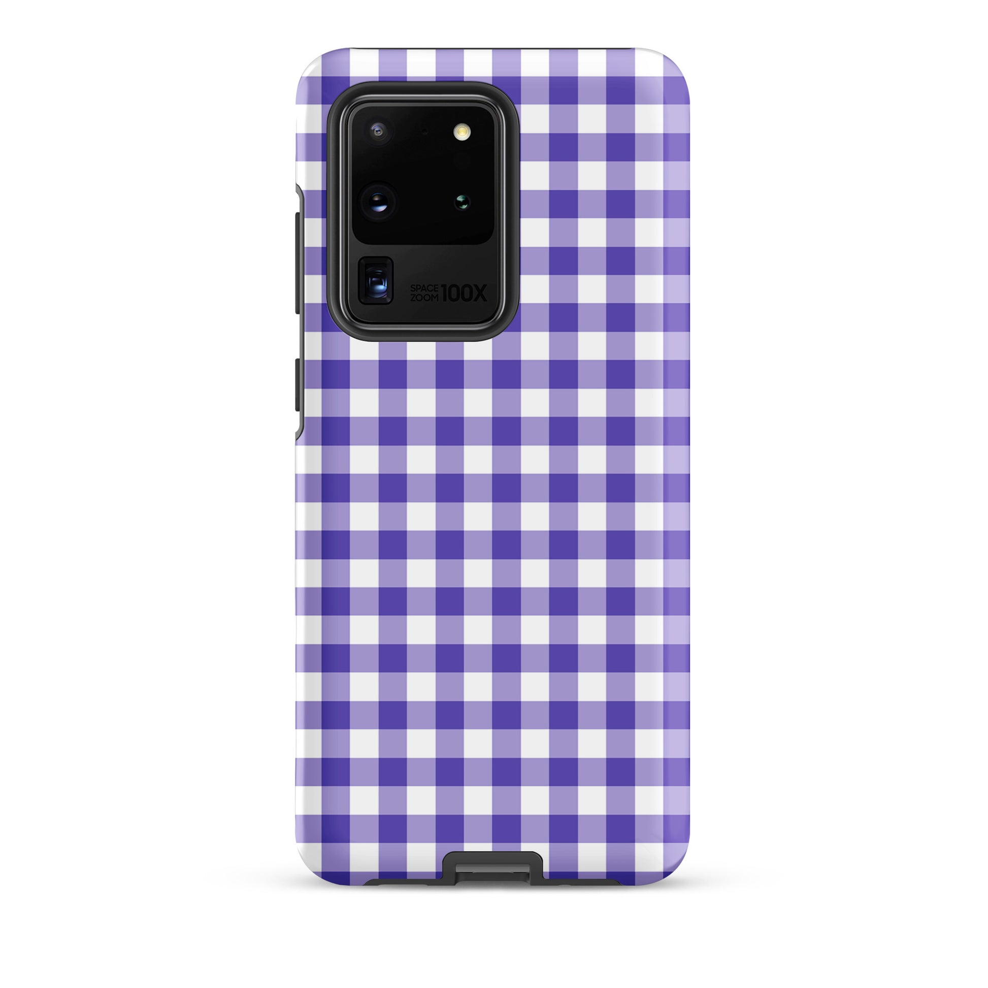 Phone case with purple and white gingham pattern for Samsung Galaxy, offering stylish protection and upscale craftsmanship.