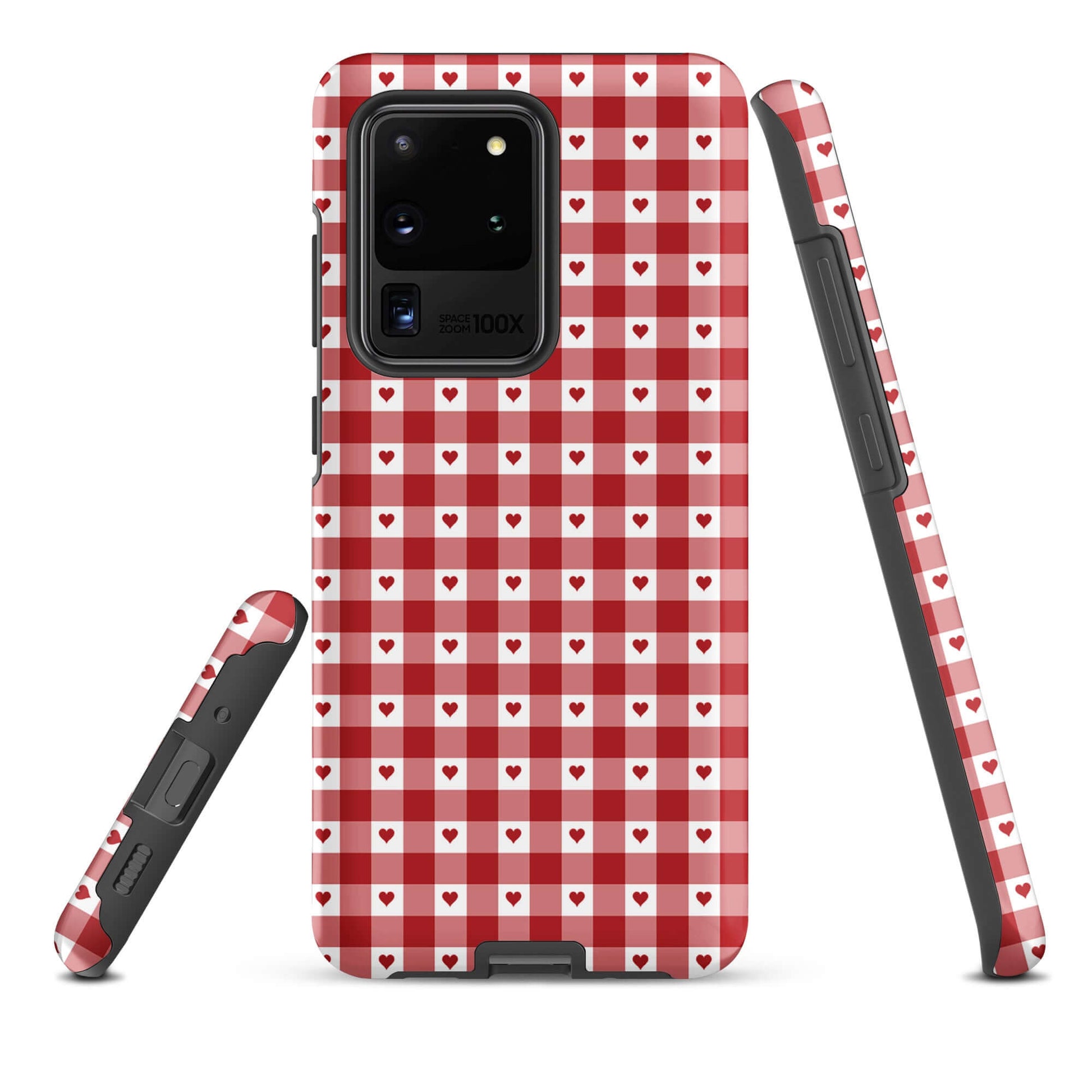 Phone Case for Samsung Galaxy with red-and-white gingham heart pattern style, showcasing chic design and durability.