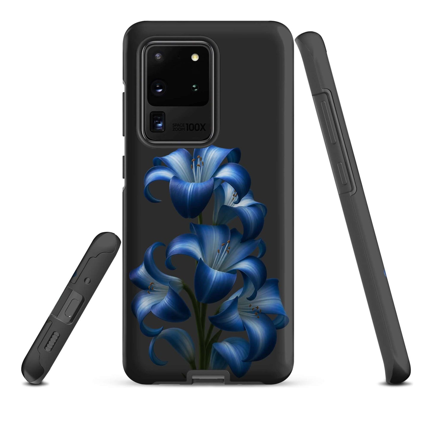 Phone Case for Samsung Galaxy with blue lily bloom art, sleek and stylish floral design on a protective dual-layer case.
