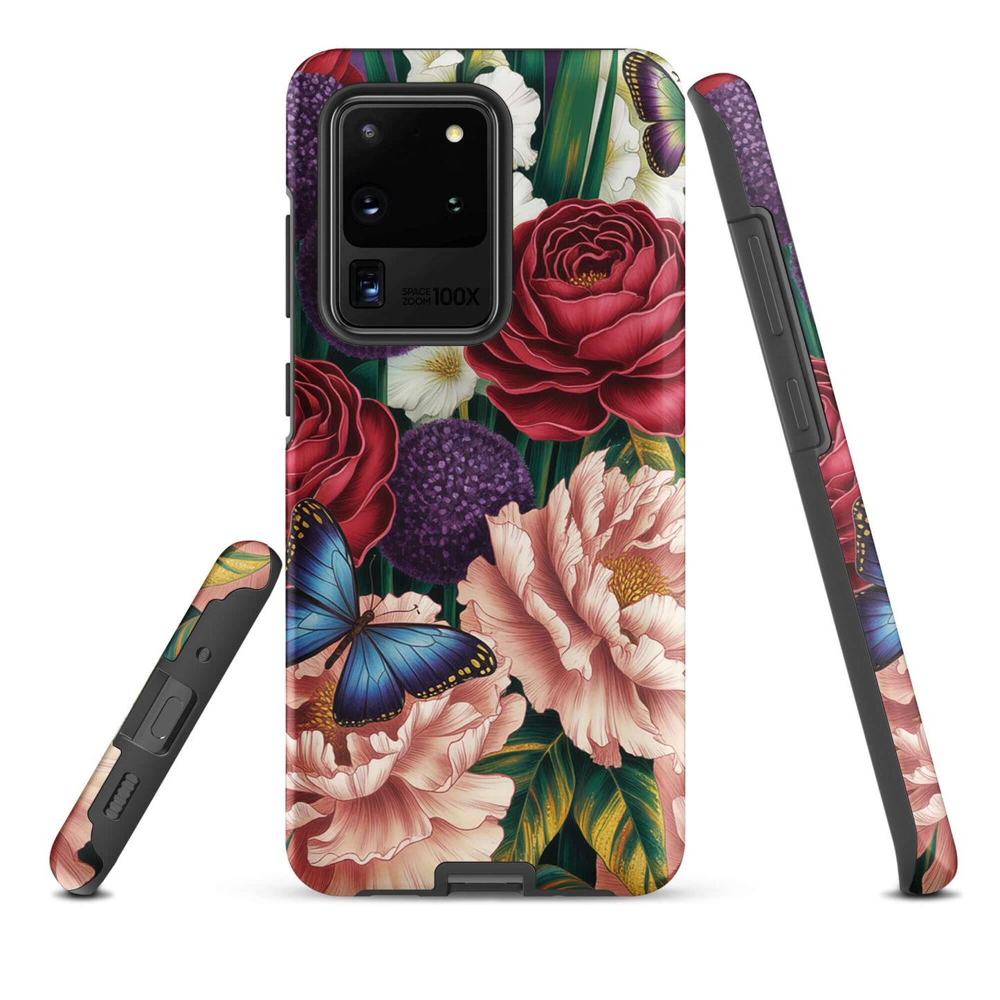 Phone Case for Samsung Galaxy with floral design of roses, peonies, alliums, and butterflies on a vibrant botanical garden print.