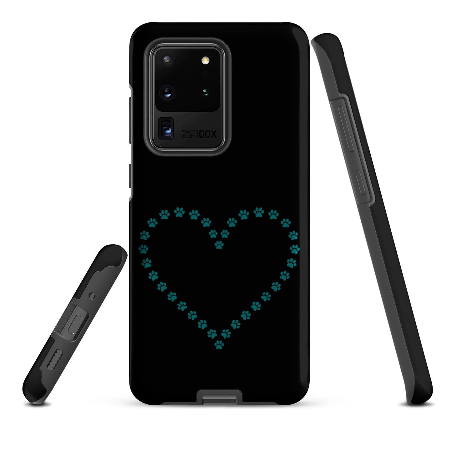 Phone Case for Samsung Galaxy with teal paw print heart design for pet lovers. Durable protection in black, ideal for cat and dog enthusiasts.