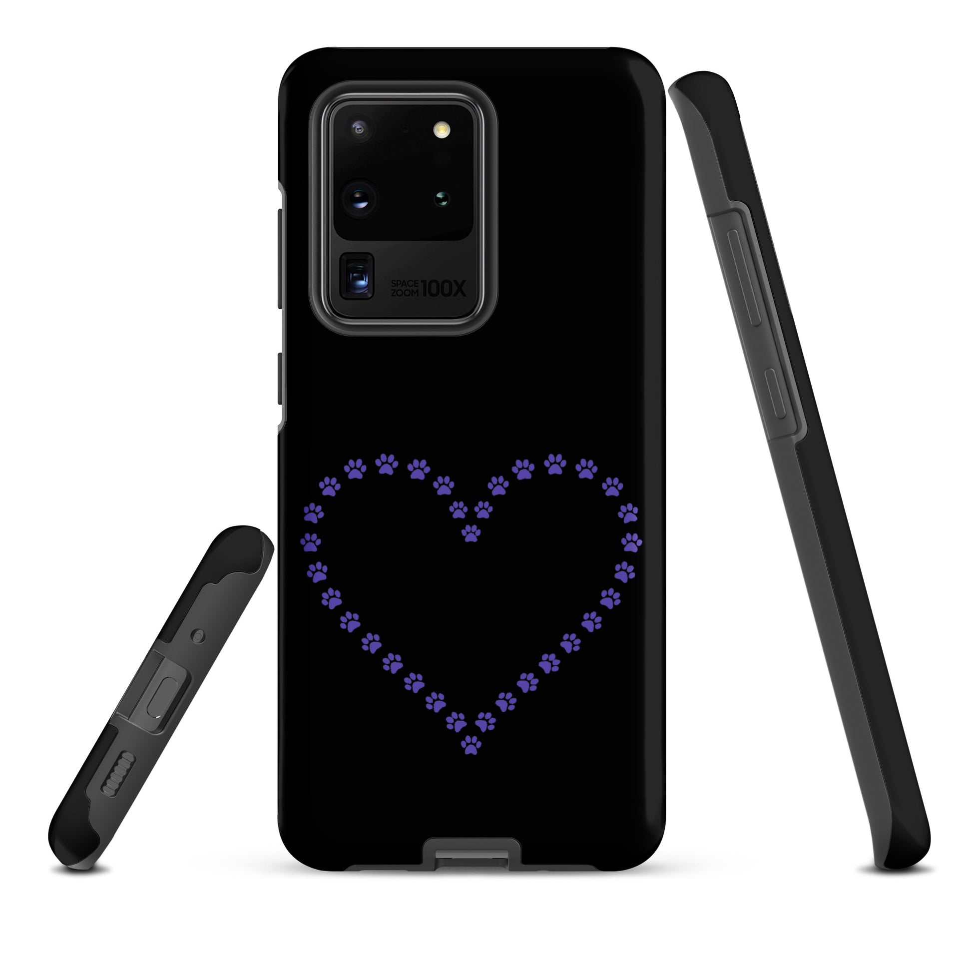 Phone Case for Samsung Galaxy with purple paw print heart design, ideal for pet lovers who adore cats, dogs, kittens, and puppies.