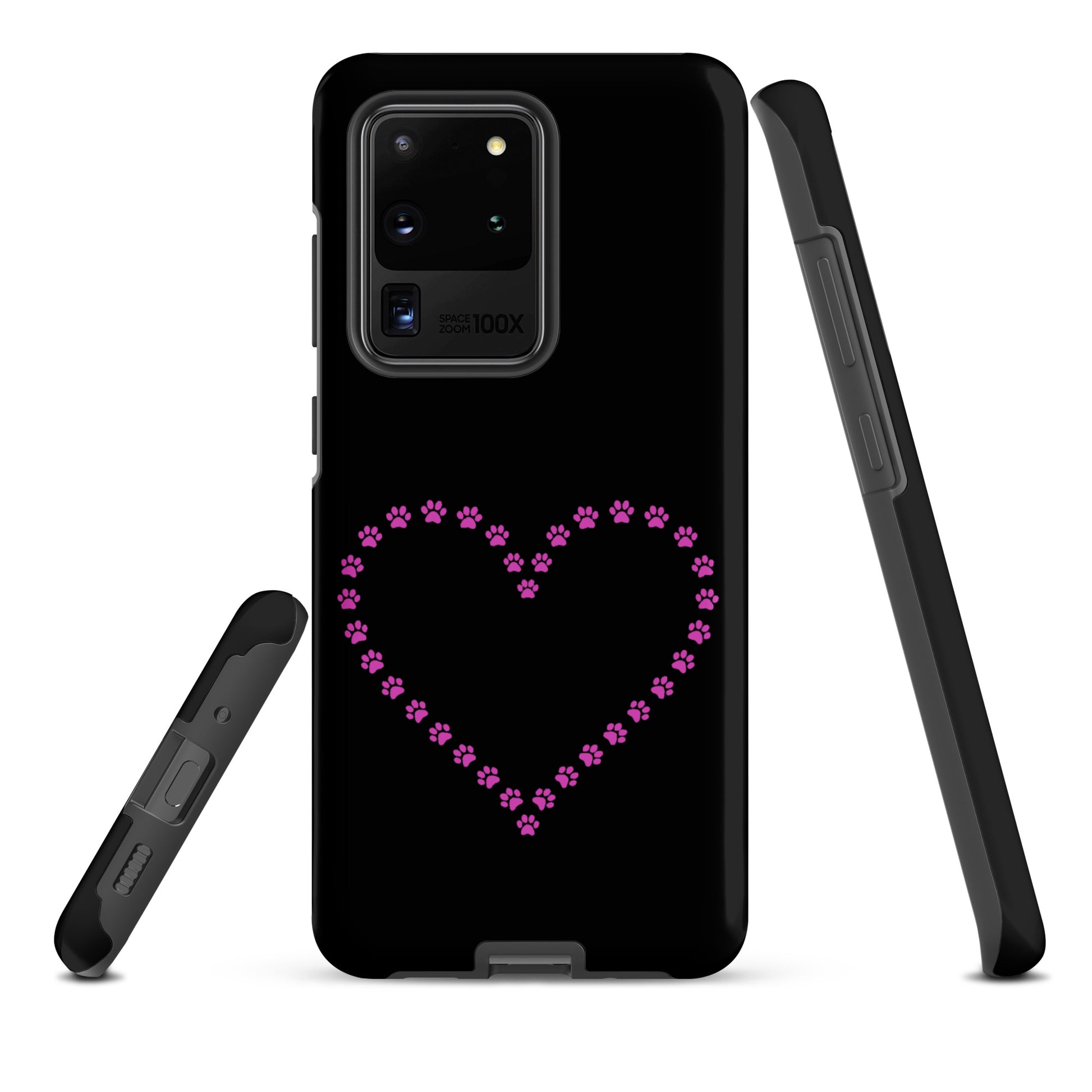 Phone Case for Samsung Galaxy with black and pink paw print heart design, ideal for pet lovers, offers playful charm and durability.