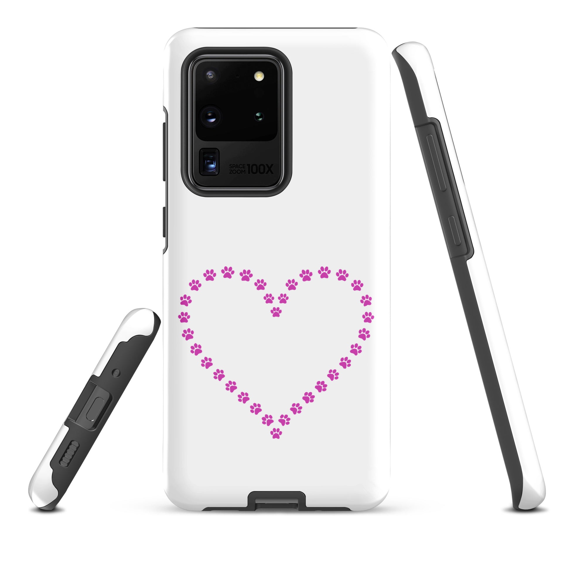 Phone Case for Samsung Galaxy with paw print heart design for pet lovers, featuring pink paw-shaped heart on a white durable cover.