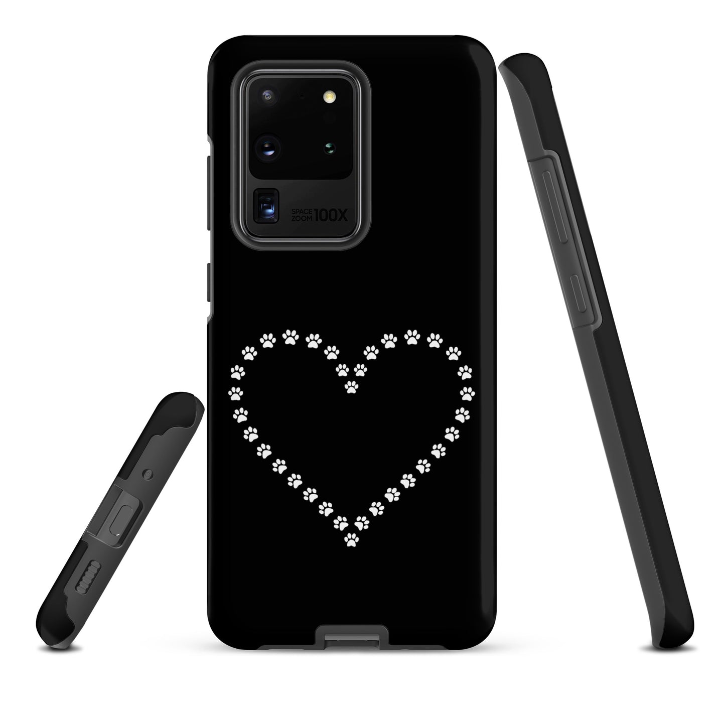 Phone Case for Samsung Galaxy with paw print heart design in black and white, perfect for pet lovers and cat or dog owners.