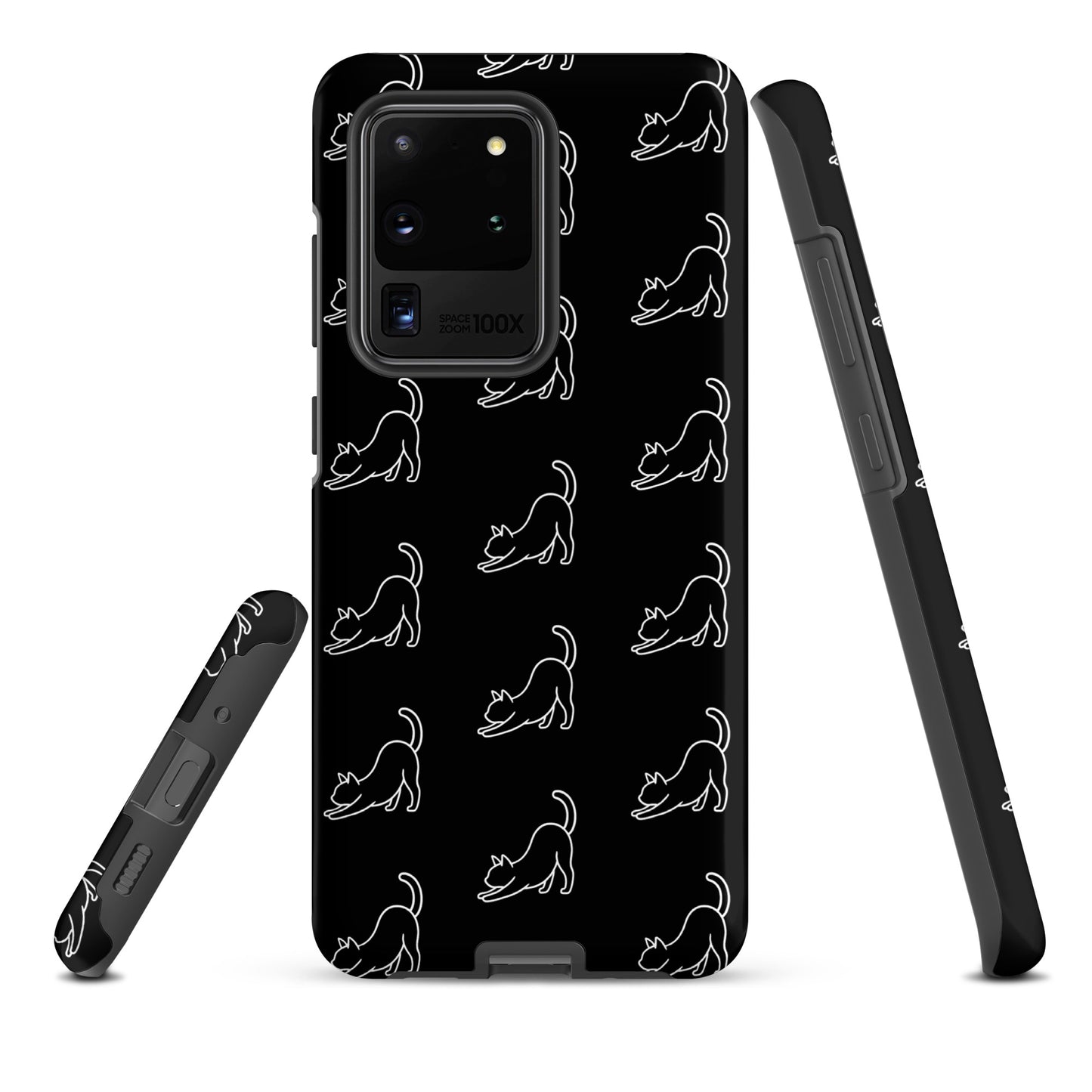 Phone Case for Samsung Galaxy with minimalist black and white stretching cat pattern, offering protection and style for cat lovers.