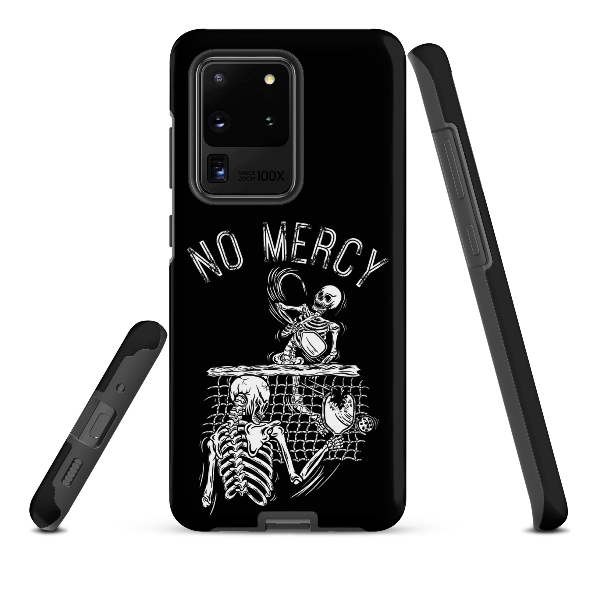 Pickleball Samsung Galaxy case featuring "No Mercy" skeleton design, perfect for aggressive players seeking intense phone protection.
