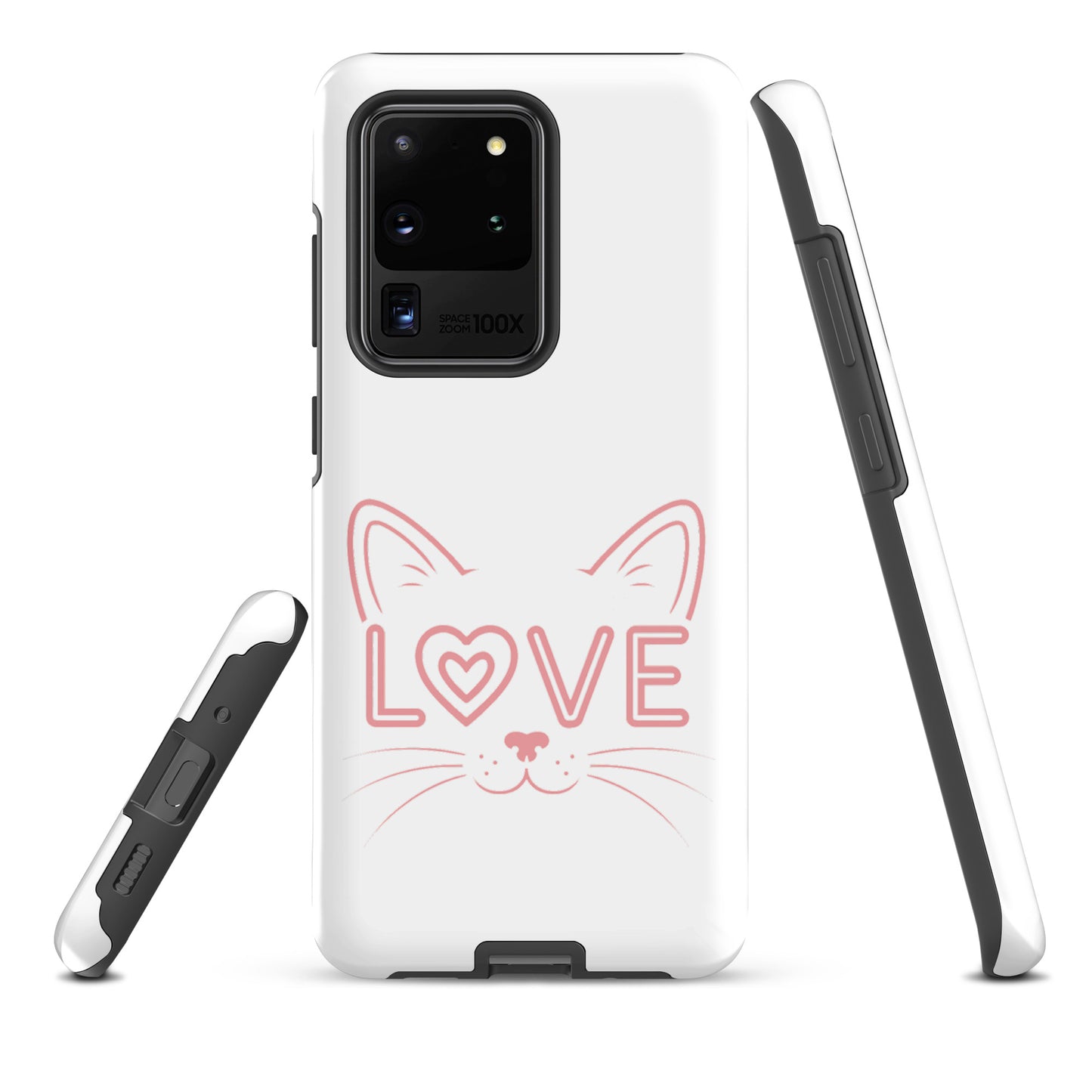 Cat Love phone case for Samsung Galaxy with minimalist cat face design and "love" text, stylish and protective for feline fans.