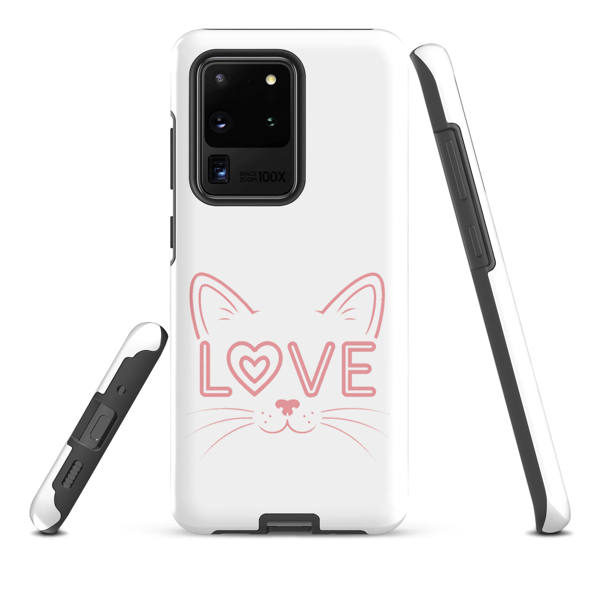 Cat Love phone case for Samsung Galaxy with minimalist cat face design and "love" text, stylish and protective for feline fans.