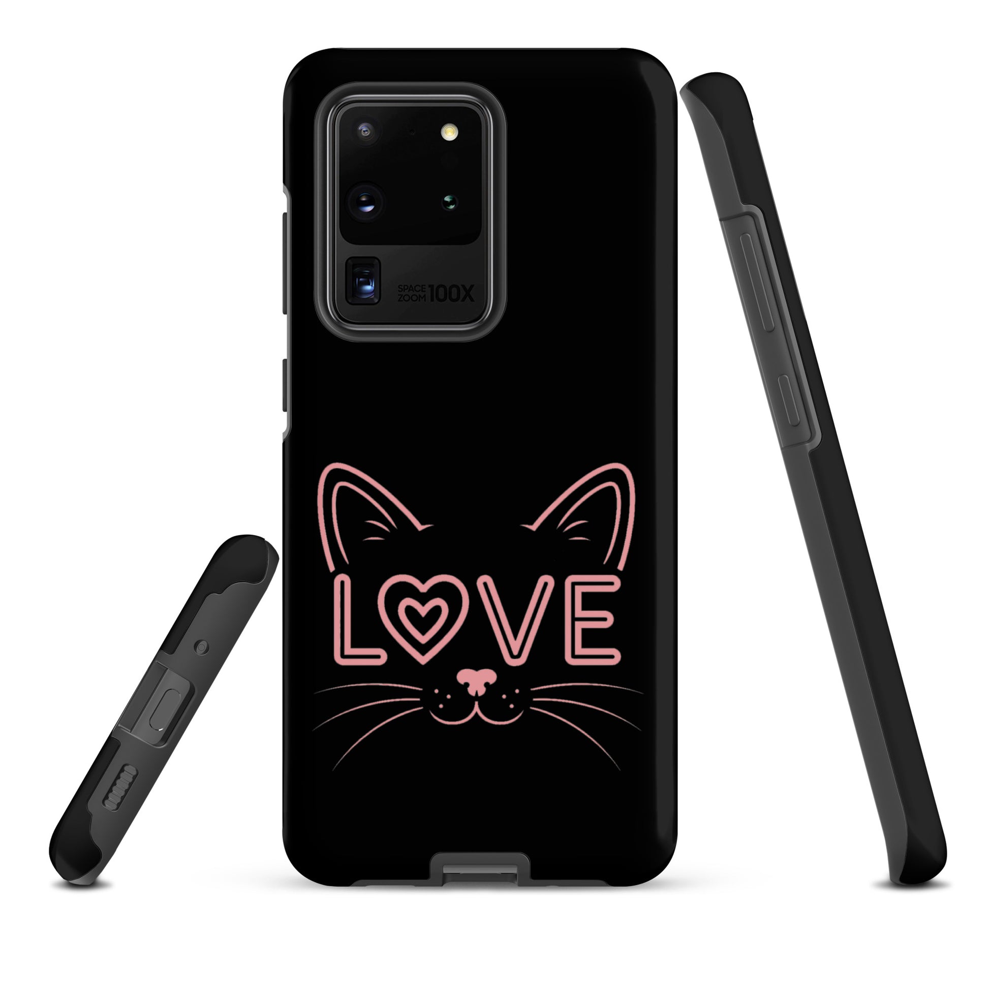 Cat Love phone case for Samsung Galaxy with cute pink cat face design and love text.