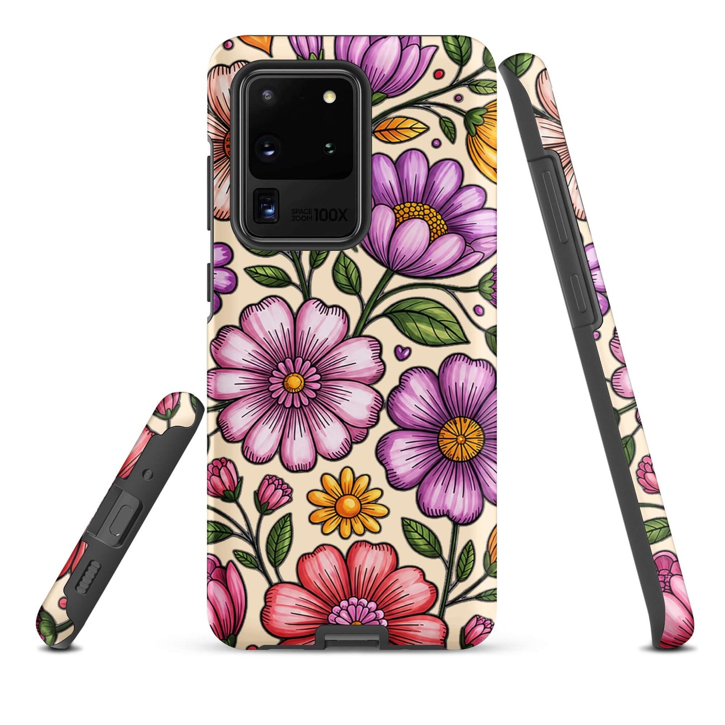 Phone Case for Samsung Galaxy with pastel floral design, featuring soft pinks, peaches, lavenders, and yellows. Dual-layer protection.