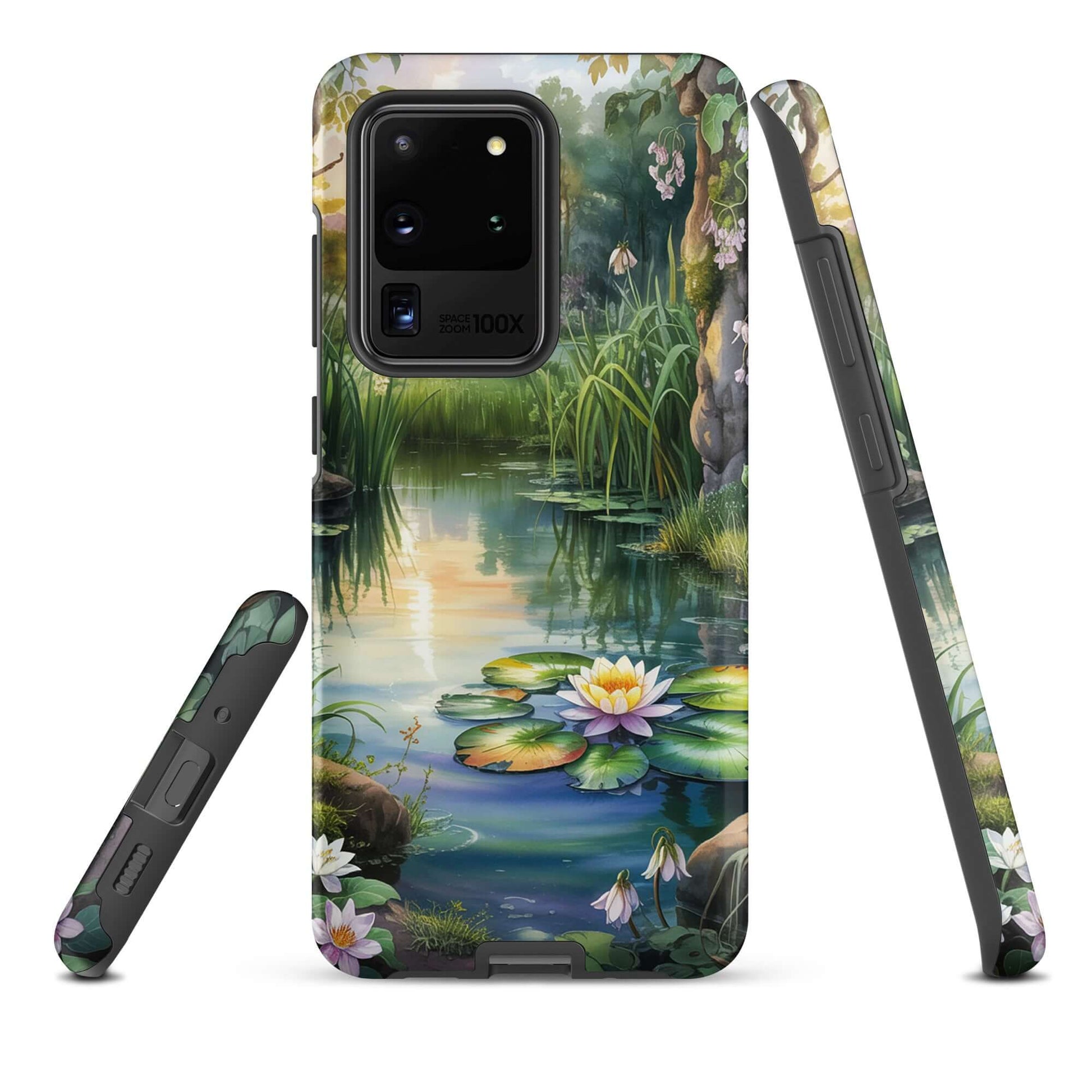 Phone Case for Samsung Galaxy featuring enchanted pond design with lilies, sunset, and greenery, creating a serene storybook charm.