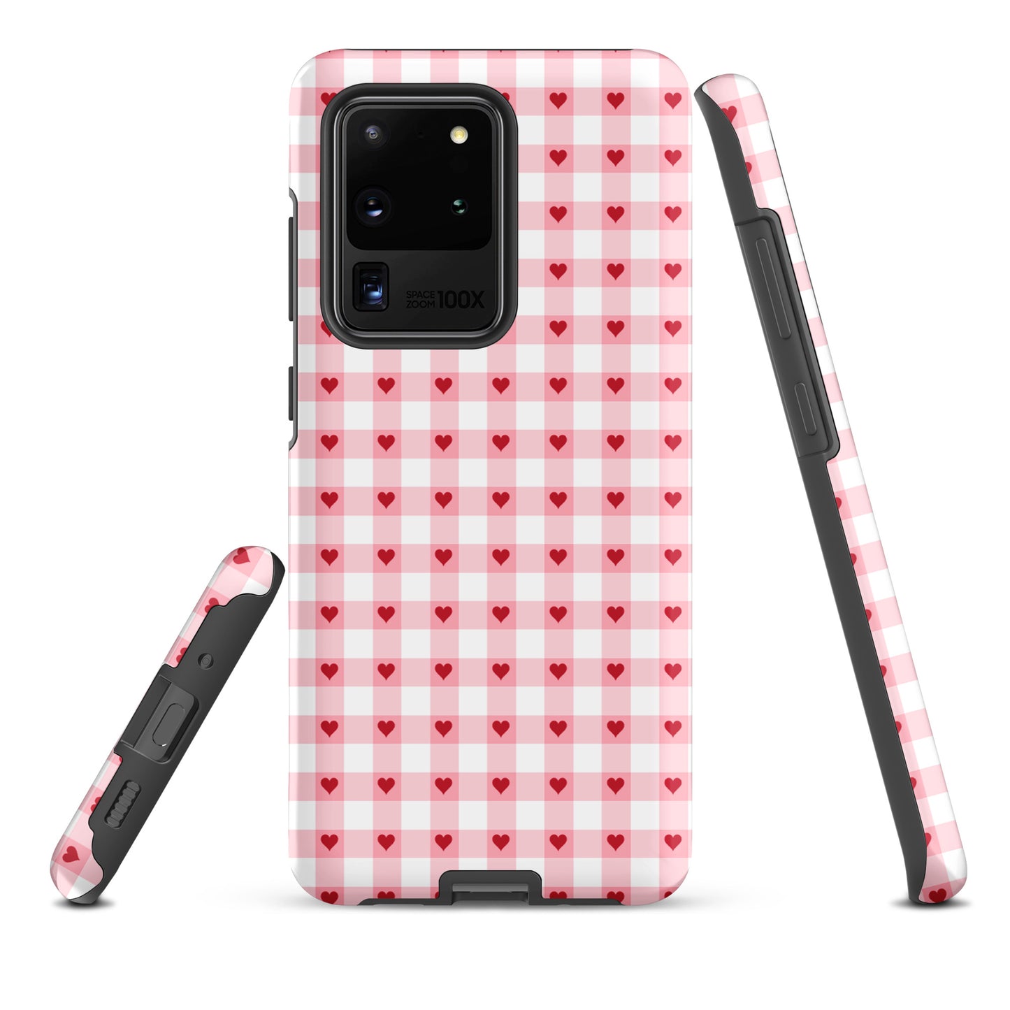 Phone Case for Samsung Galaxy with pink-and-white gingham heart pattern, showcasing chic design and durable protection for your device.