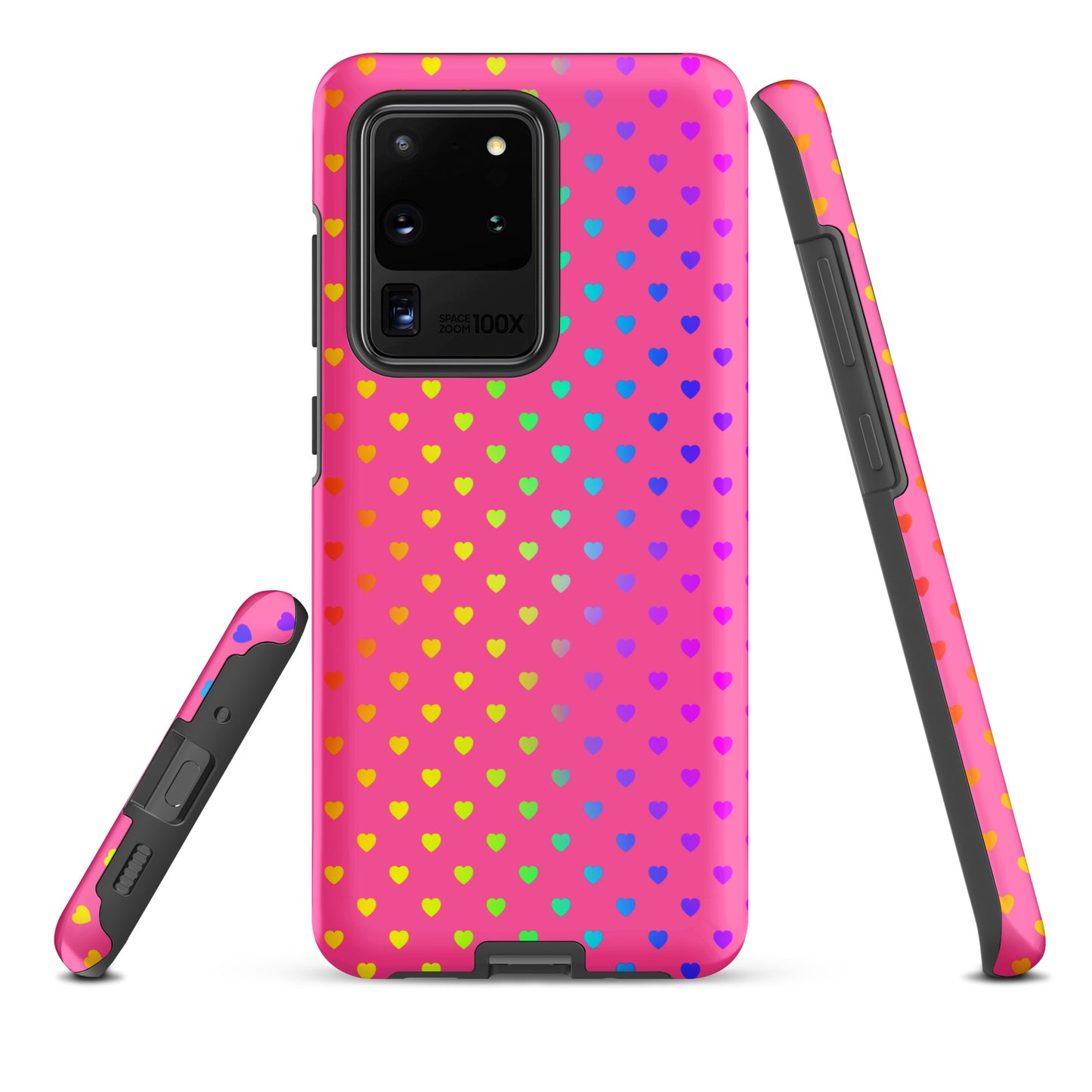 Phone case for Samsung Galaxy with cute rainbow hearts on pink background, showcasing playful and colorful design.