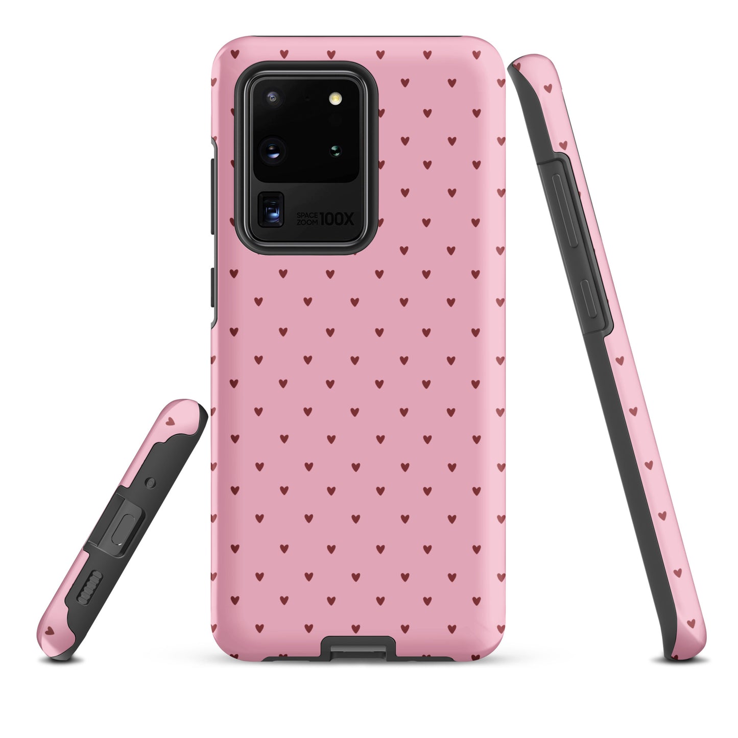 Phone Case for Samsung Galaxy with heart-dot pattern on a pink background, blending modern and cute for a playful style.