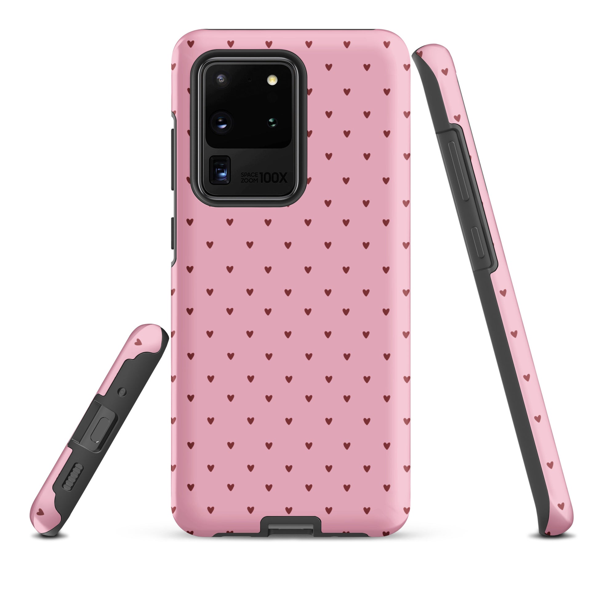 Phone Case for Samsung Galaxy with heart-dot pattern on a pink background, blending modern and cute for a playful style.