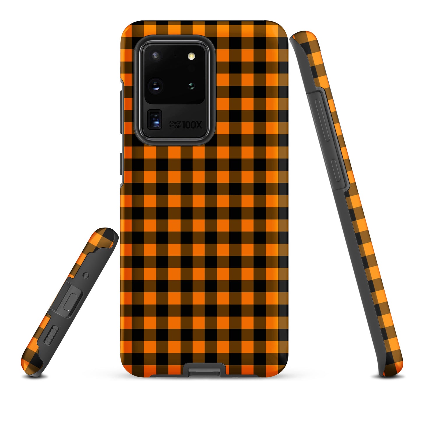 Phone case for Samsung Galaxy with black-and-orange gingham autumn theme, showcasing stylish durability and chic design.