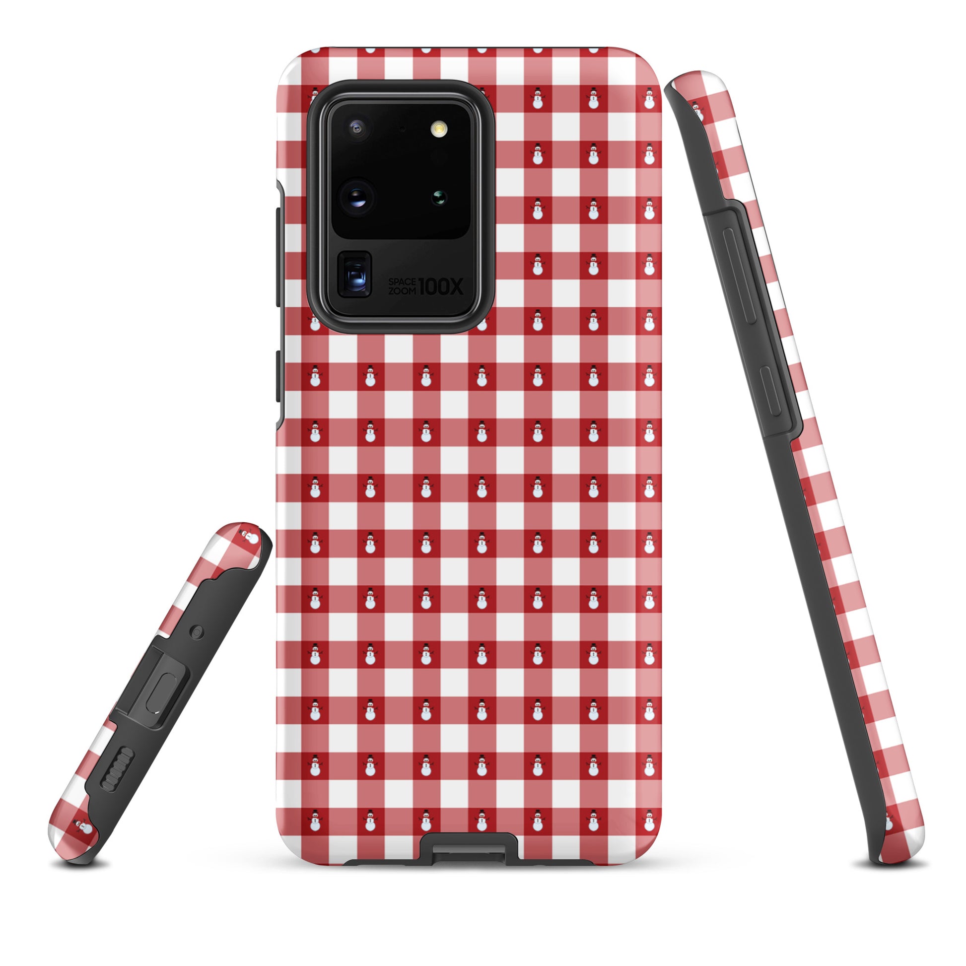 Phone Case for Samsung Galaxy with snowman gingham winter design, featuring red-and-white festive holiday pattern for added protection.