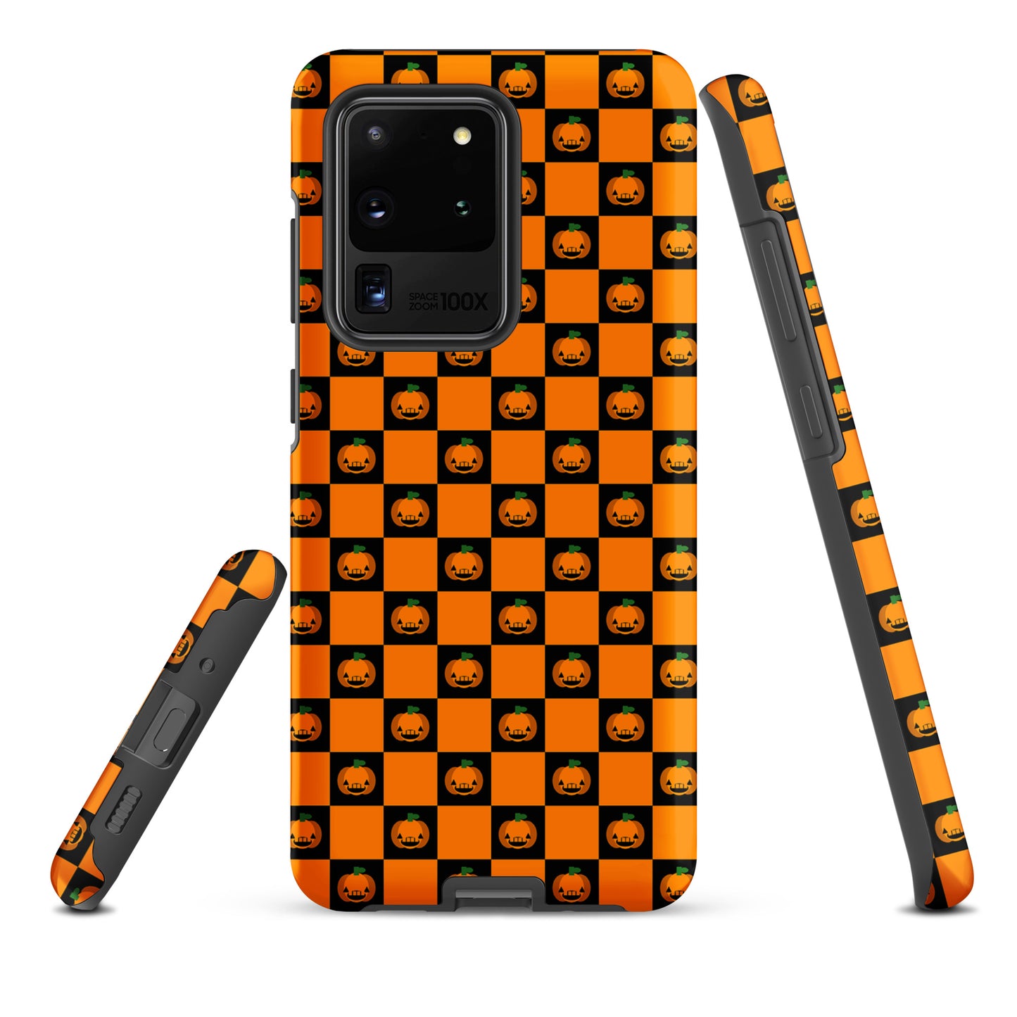 Phone Case for Samsung Galaxy in pumpkin checkered Halloween design with orange and black squares featuring jack-o'-lantern faces.