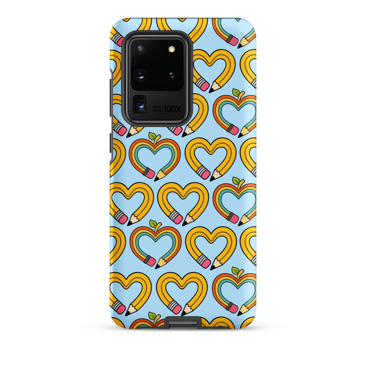 Phone Case for Samsung Galaxy with playful pencil-heart pattern and green leaves, symbolizing creativity and growth.