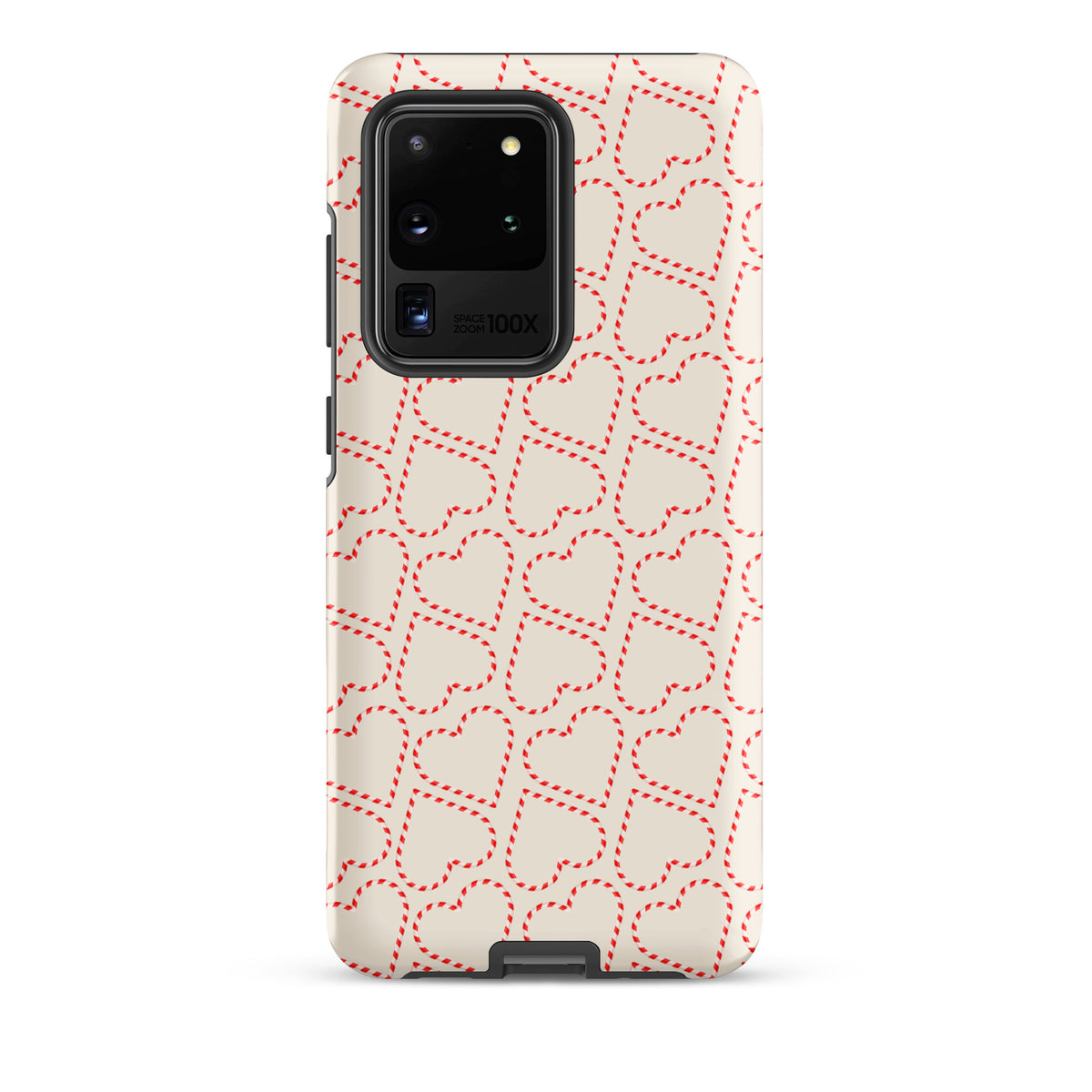 Phone Case for Samsung Galaxy with holiday candy cane heart pattern design, festive red and white stripes, perfect for winter celebrations.