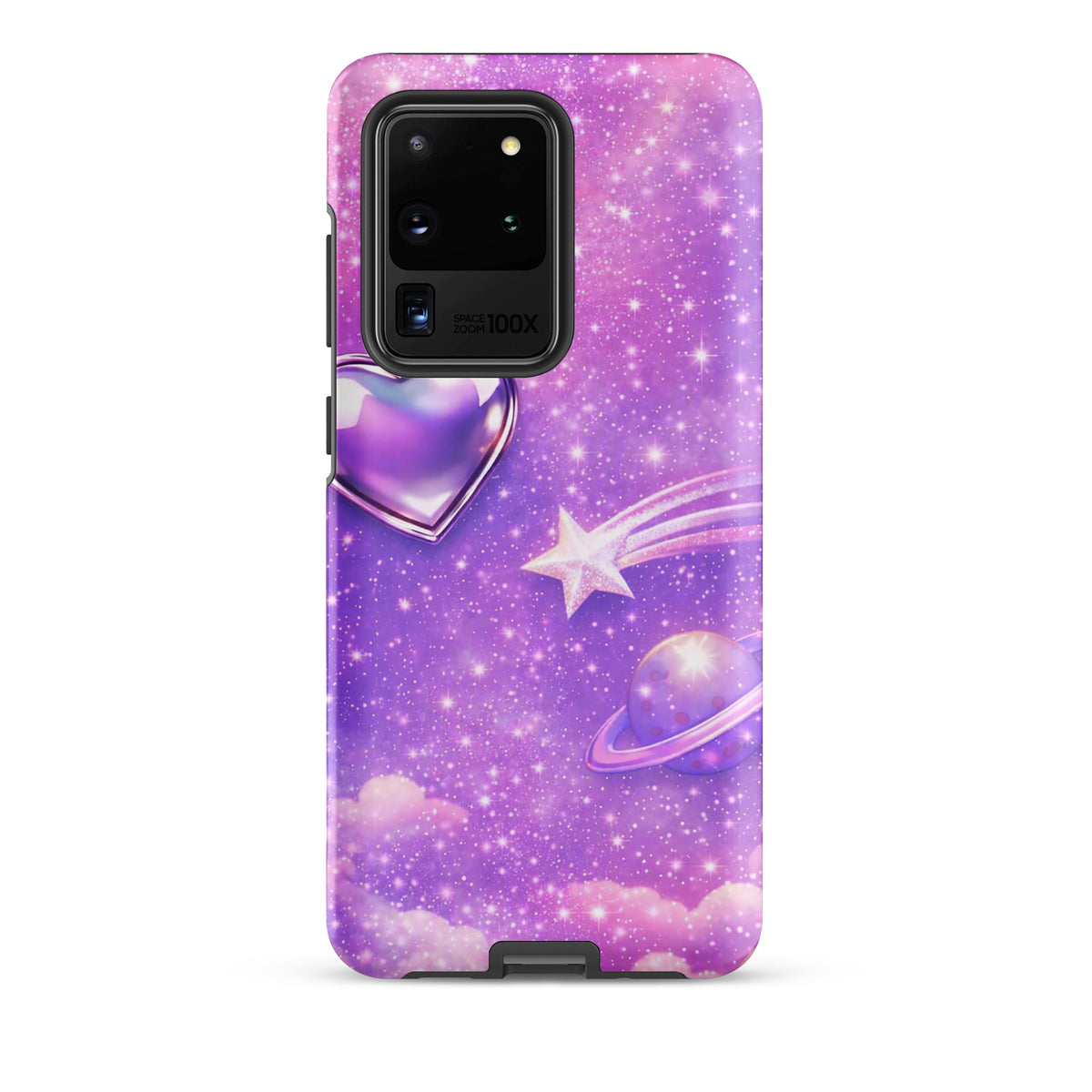 Phone Case with cosmic heart, shooting star, and planet design for Samsung Galaxy on a pastel cloud background