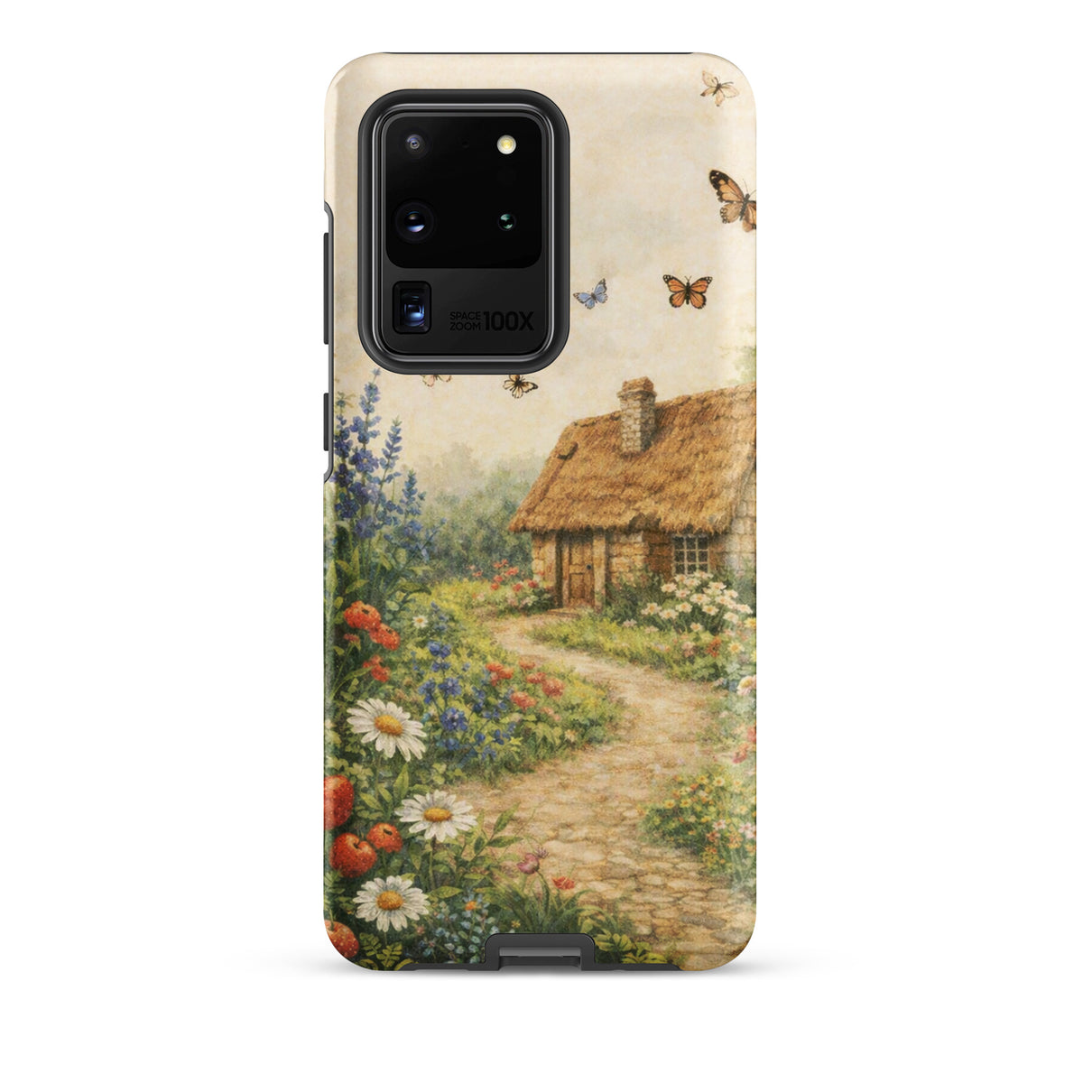 Phone Case for Samsung Galaxy with cottage garden design featuring a thatched-roof cottage, flowers, and a winding path on cream background.