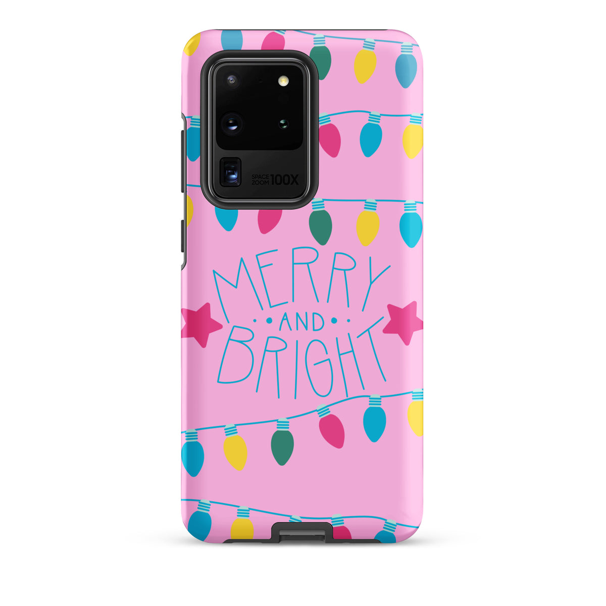 Phone Case for Samsung Galaxy with holiday lights and 'Merry and Bright' design on pink background
