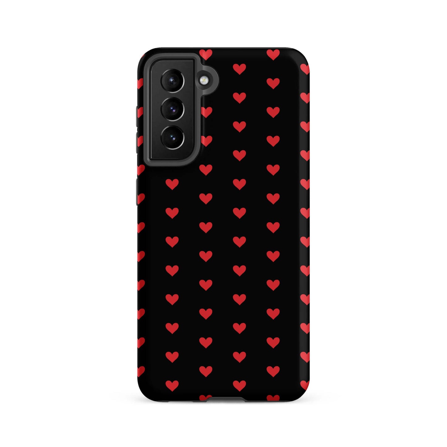 Phone Case for Samsung Galaxy featuring a pattern of fiery red hearts on a black background.