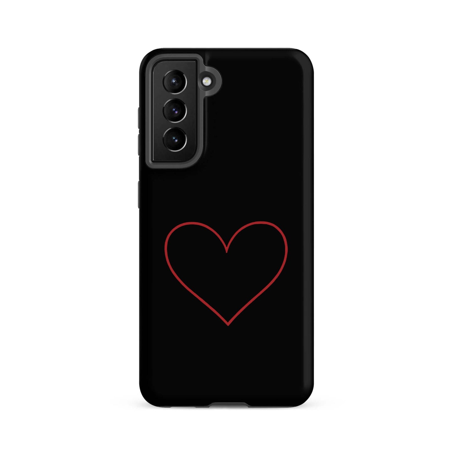 Phone Case for Samsung Galaxy featuring a minimalist crimson heart design on a sleek black background.