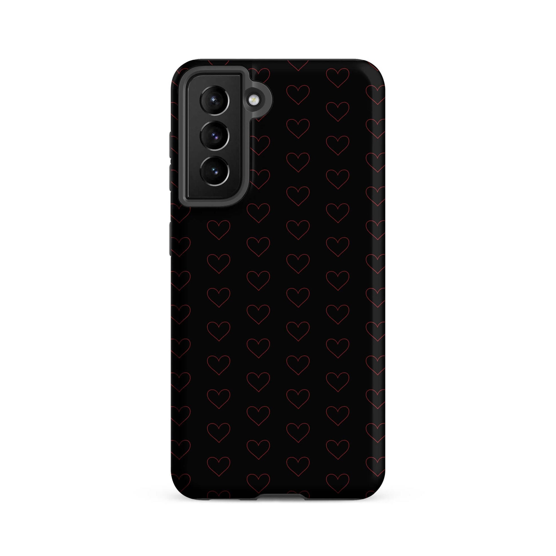 Phone Case for Samsung Galaxy featuring a modern crimson heart pattern on a sleek black background.