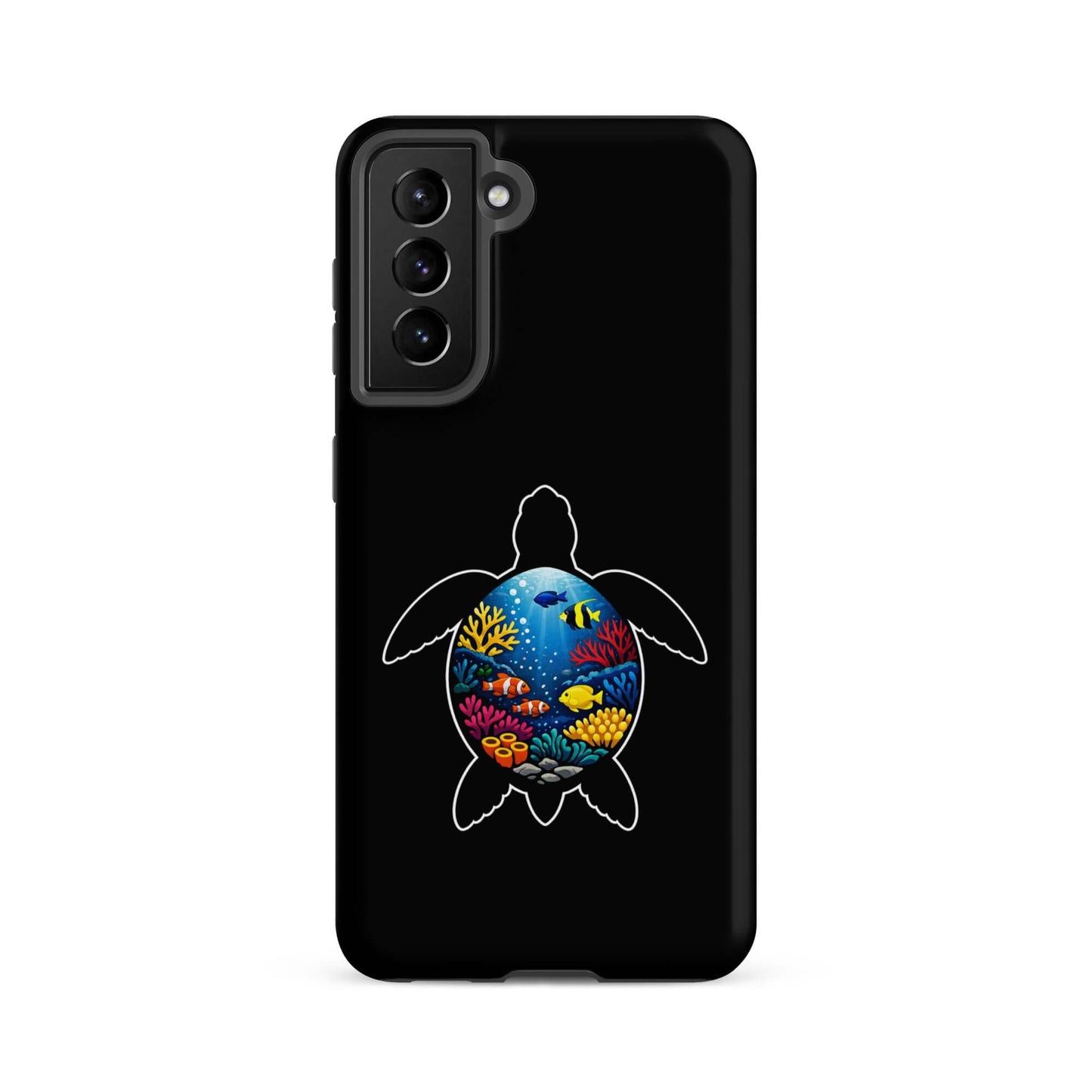 Phone case for Samsung Galaxy featuring a vibrant sea turtle reef design on a black background.