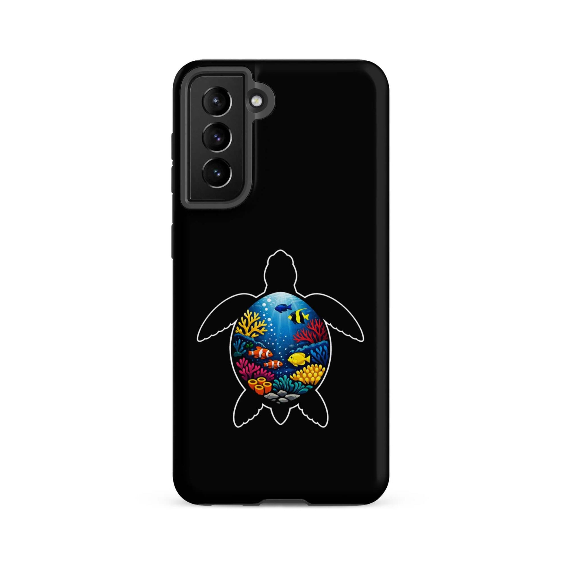 Phone case for Samsung Galaxy featuring a vibrant sea turtle reef design on a black background.