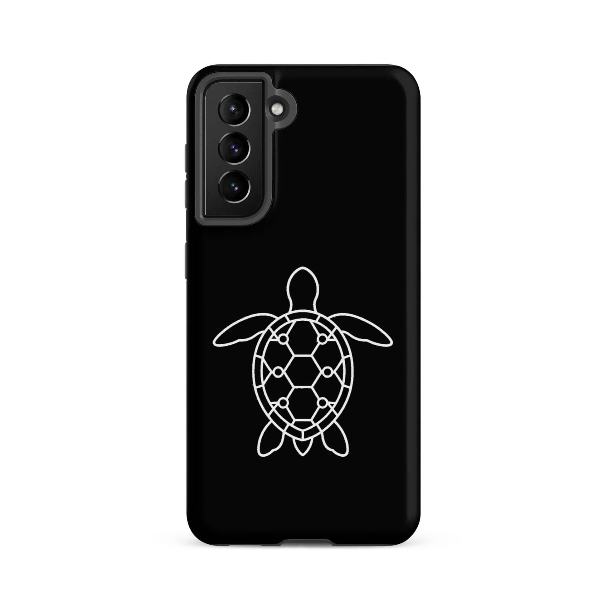 phone case featuring a minimalist sea turtle silhouette in white on a black background, designed for Samsung Galaxy.