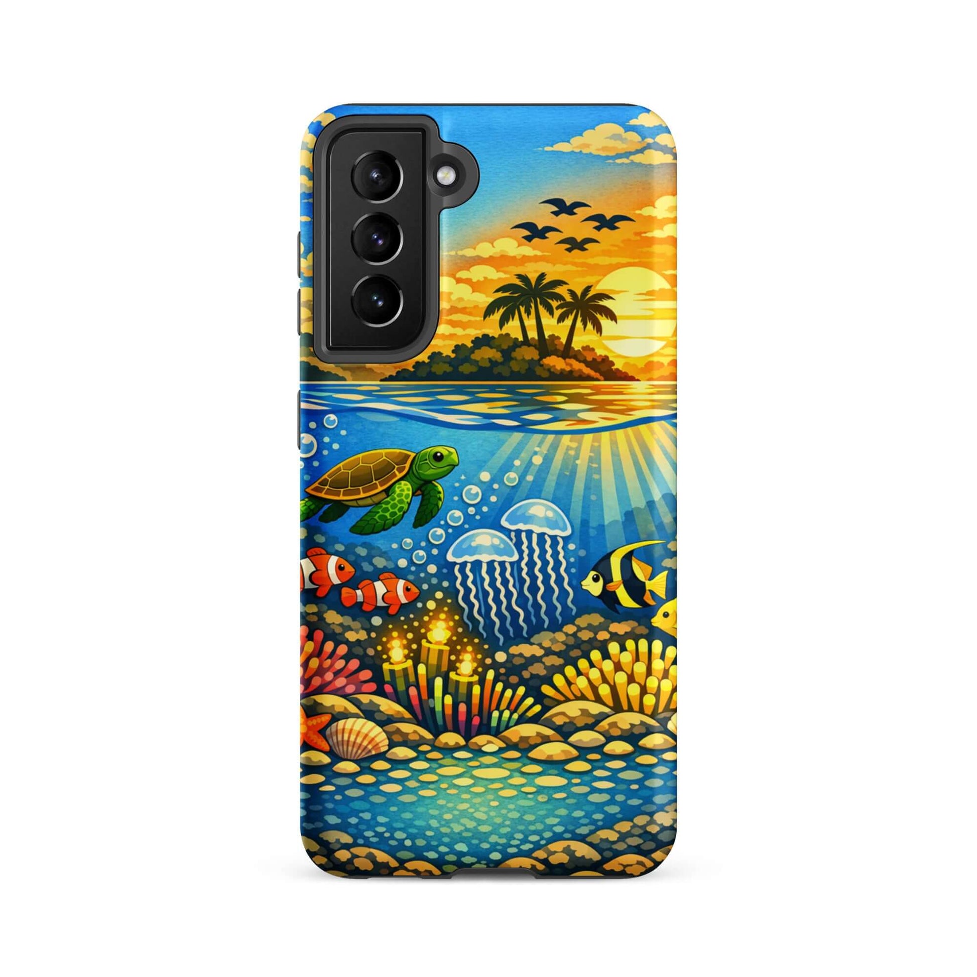 Phone Case for Samsung Galaxy featuring vibrant tropical sunset and underwater reef illustration.