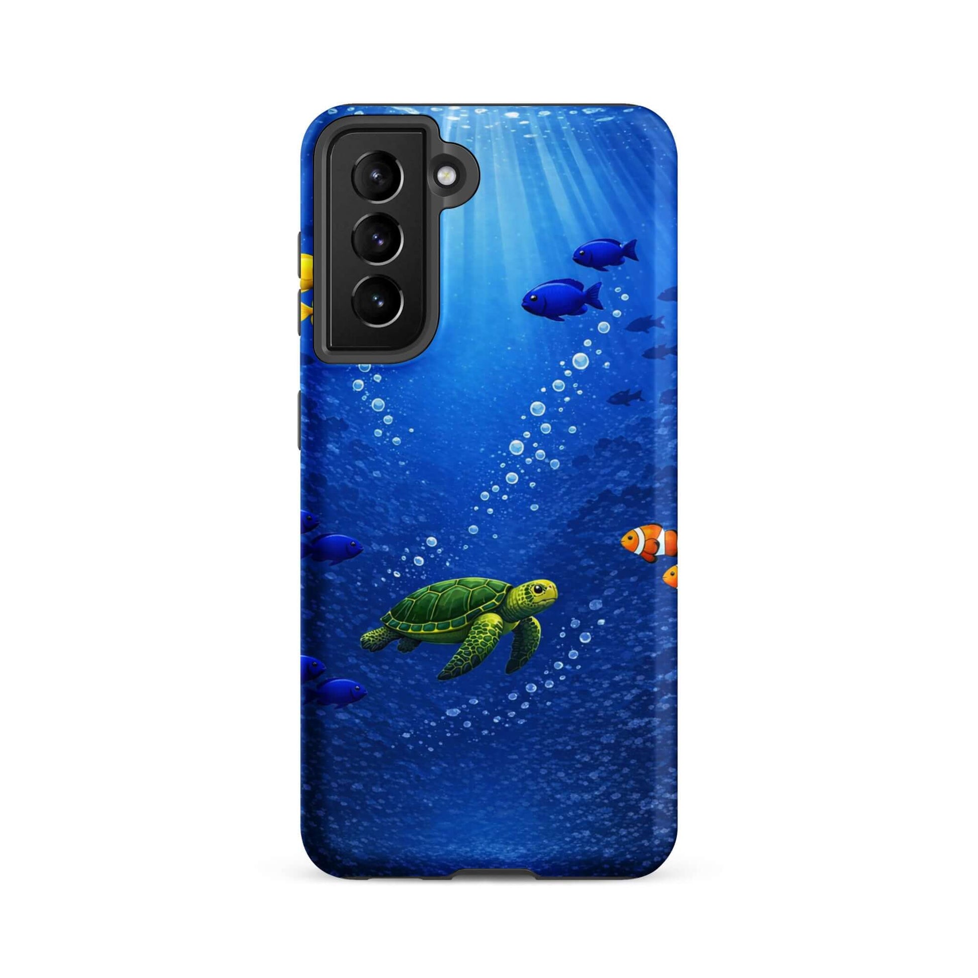 Phone Case featuring a vibrant sea turtle and tropical fish design in deep blue ocean.