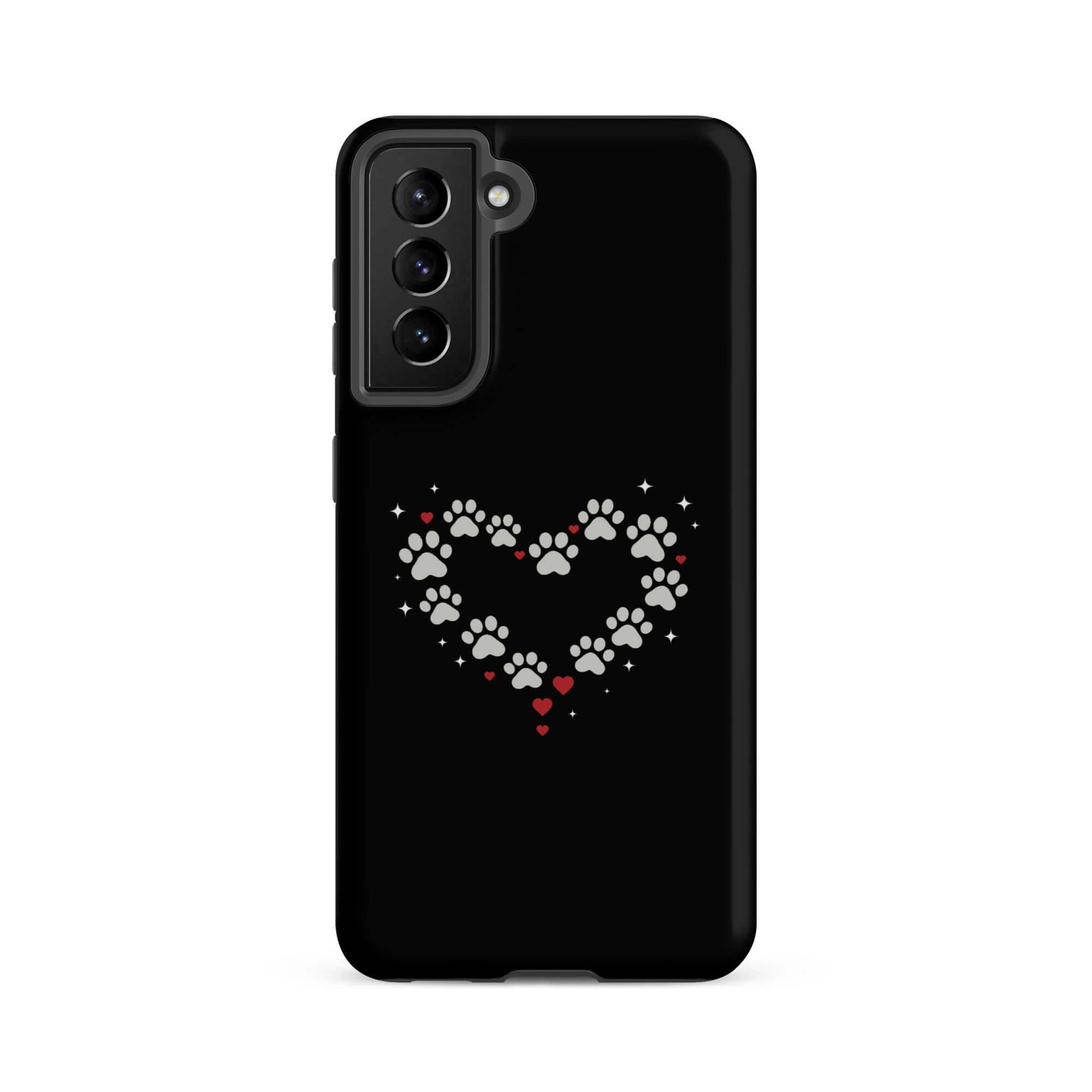 Phone Case for Samsung Galaxy featuring a charming paw-print heart design on a sleek black background.