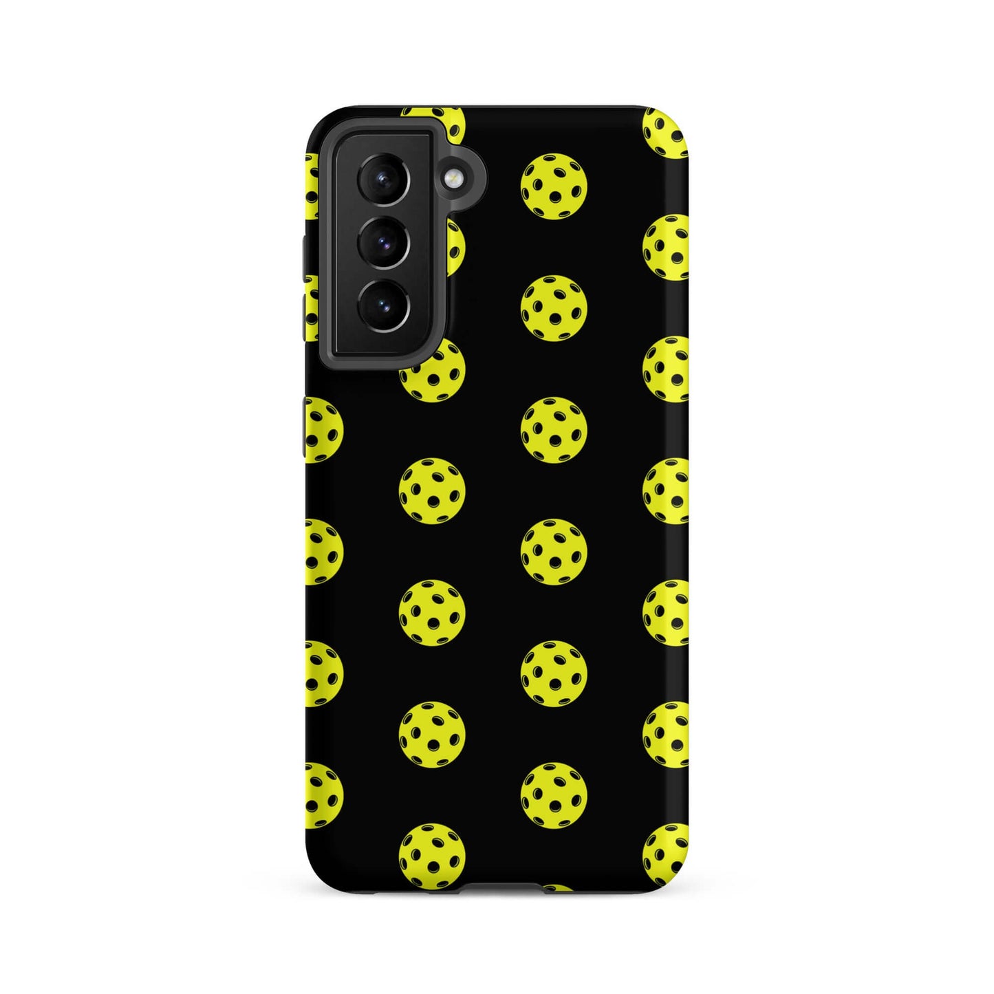 Phone Case for Samsung Galaxy featuring a playful pickleball pattern on a black background.