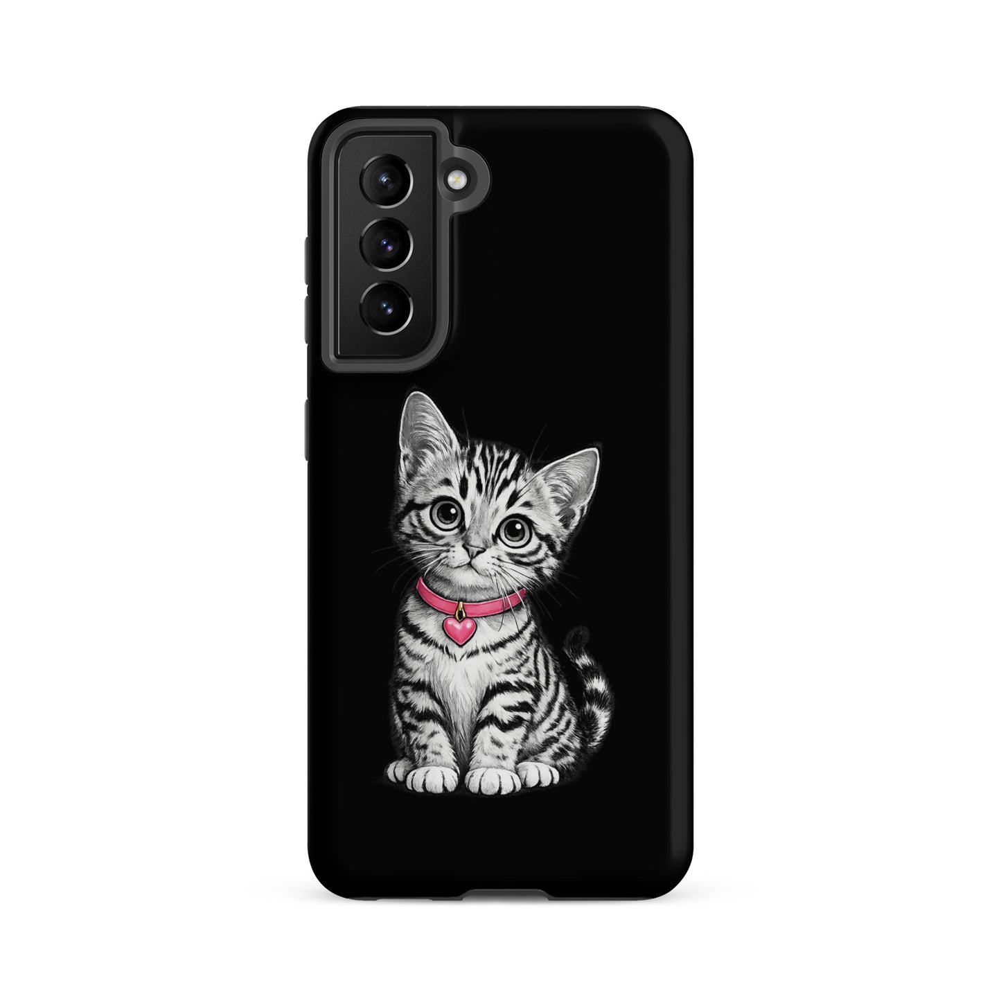 Phone Case for Samsung Galaxy with sketch kitten design and pink heart charm, offering charm and protection.