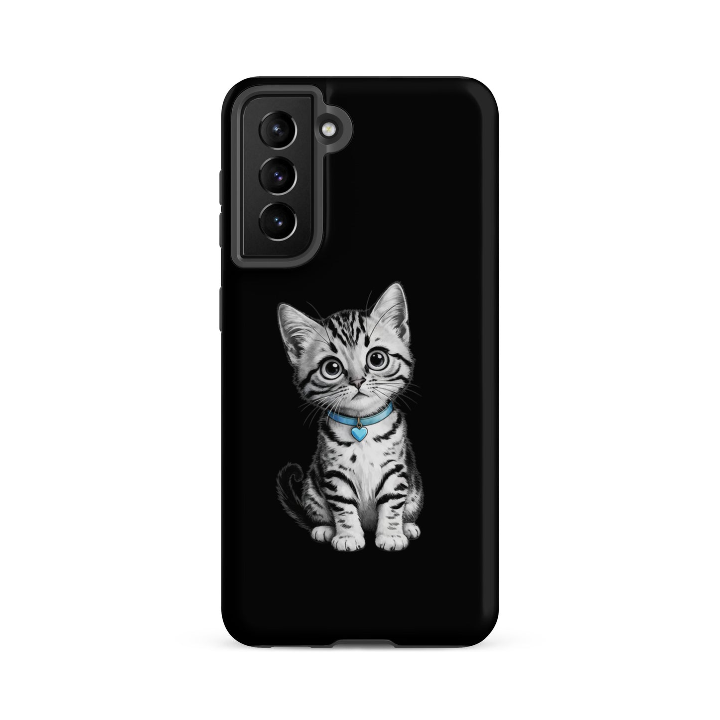 Phone Case for Samsung Galaxy featuring kitten with blue heart charm on black background.