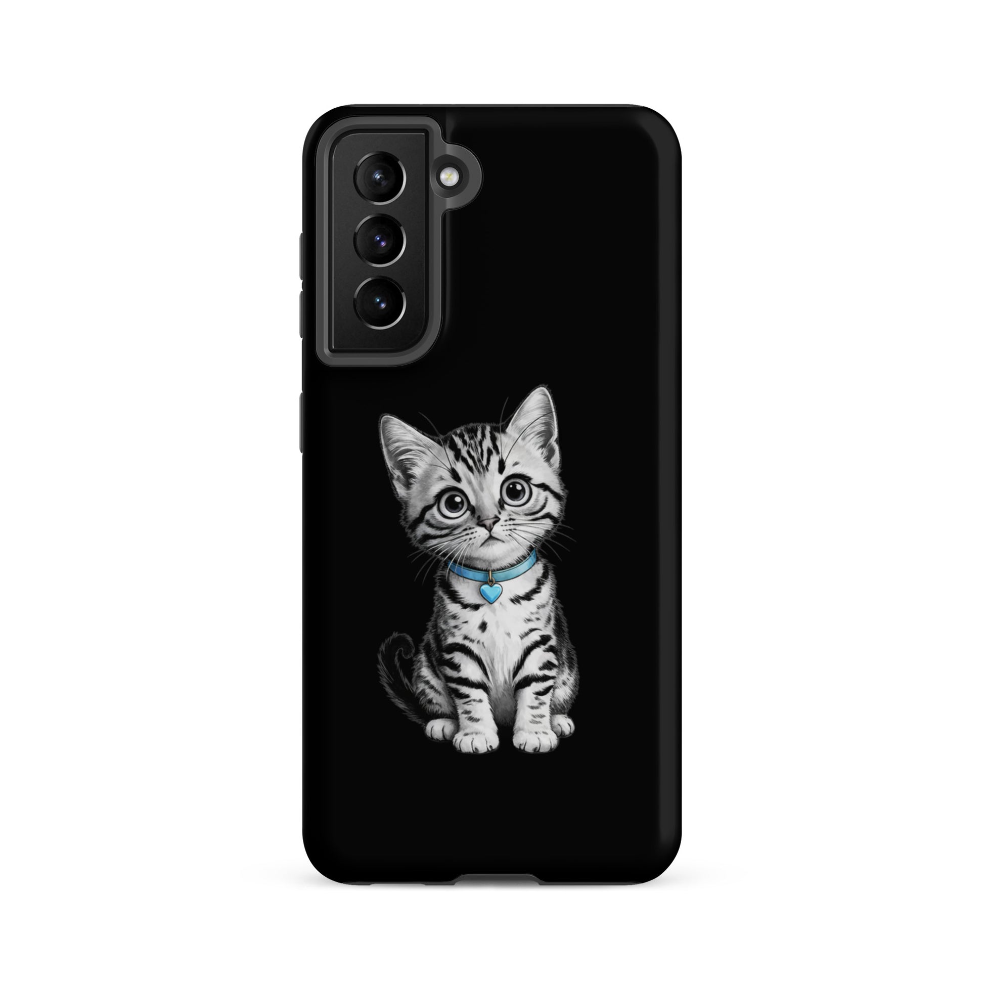 Phone Case for Samsung Galaxy featuring kitten with blue heart charm on black background.