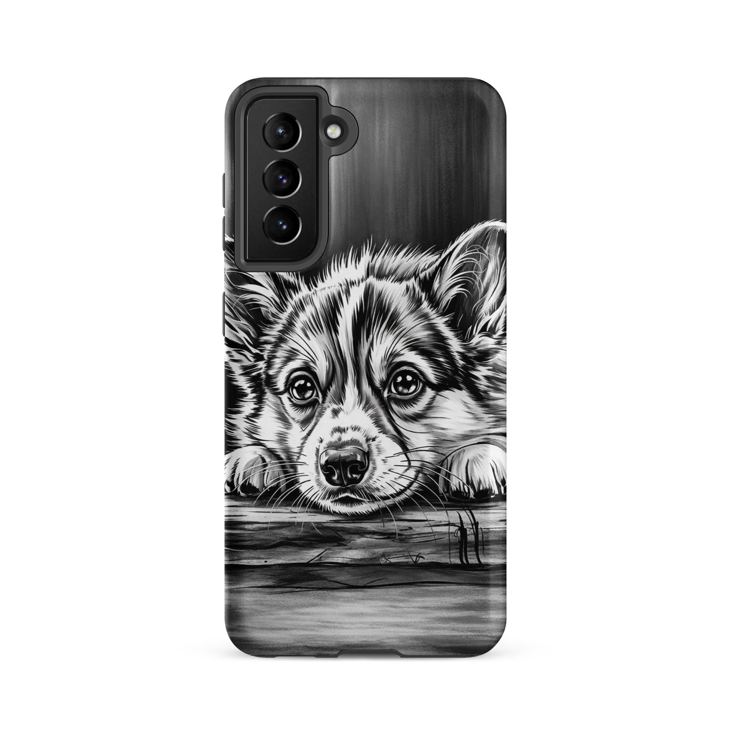 Phone Case featuring elegant puppy art for Samsung Galaxy, offering premium protection with black-and-white dog illustration.