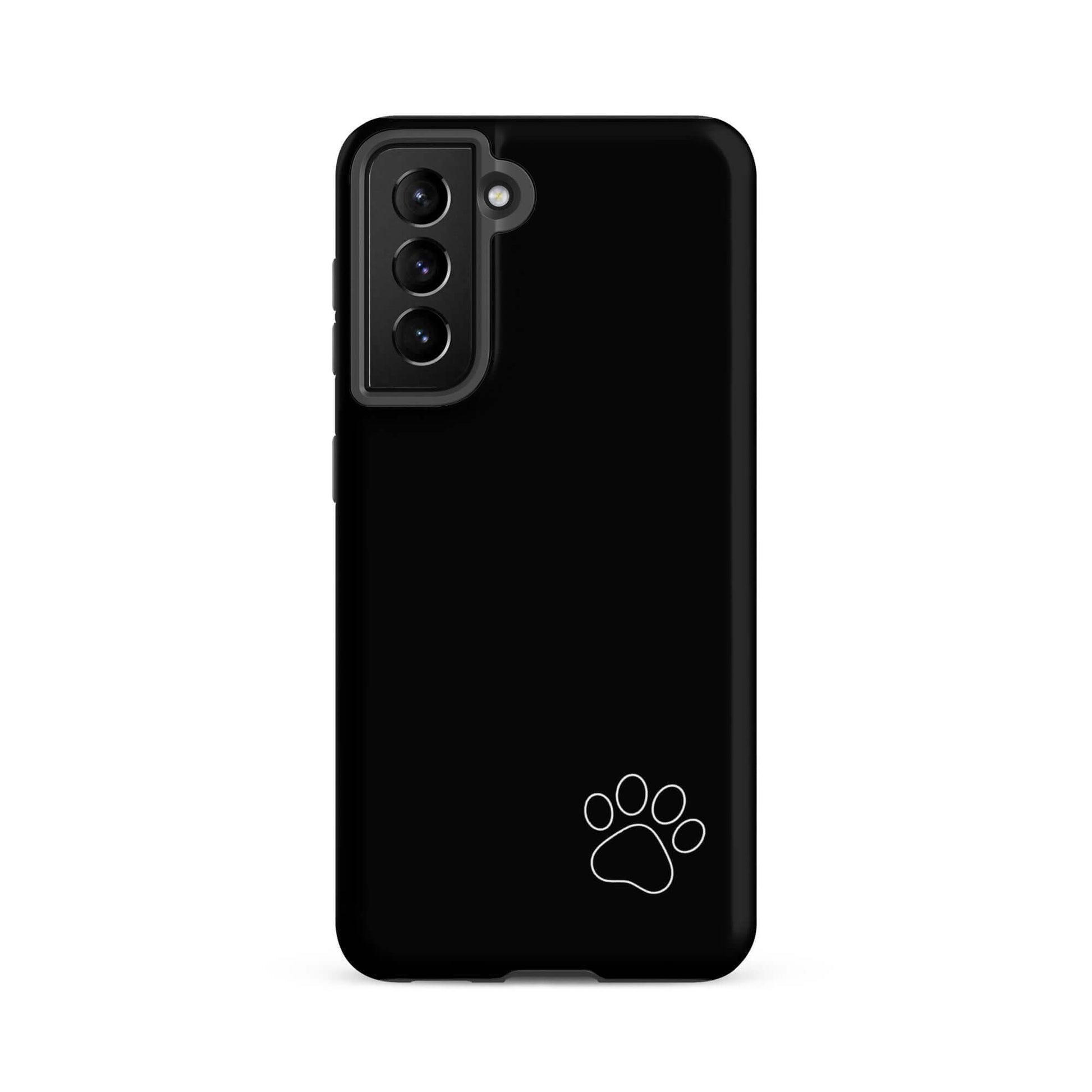 Phone Case for Samsung Galaxy with black design and white paw print, minimalist tough case for pet lovers.