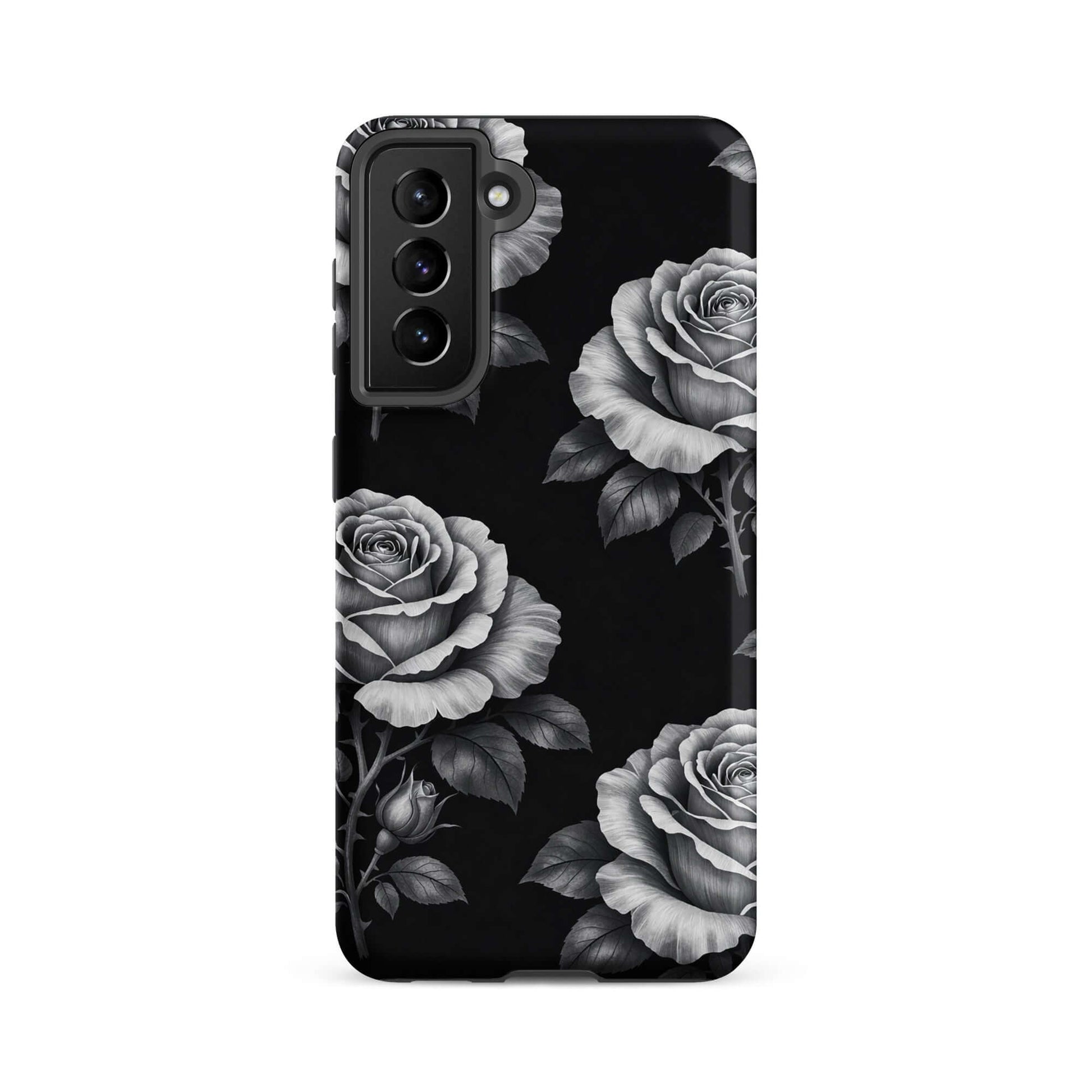 Phone Case for Samsung Galaxy with rose garden pattern on black background, pencil-stencil floral design, tough and elegant case.